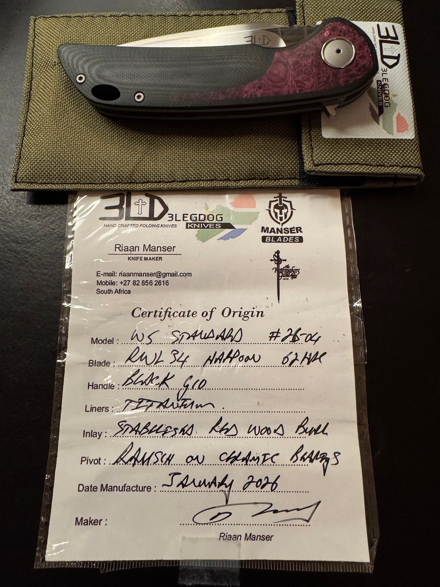 3LD Model W5 Standard RWL 34 Harpoon Blade with Stabilized Red Wood Burl and Black G10 (Riaan Manser)