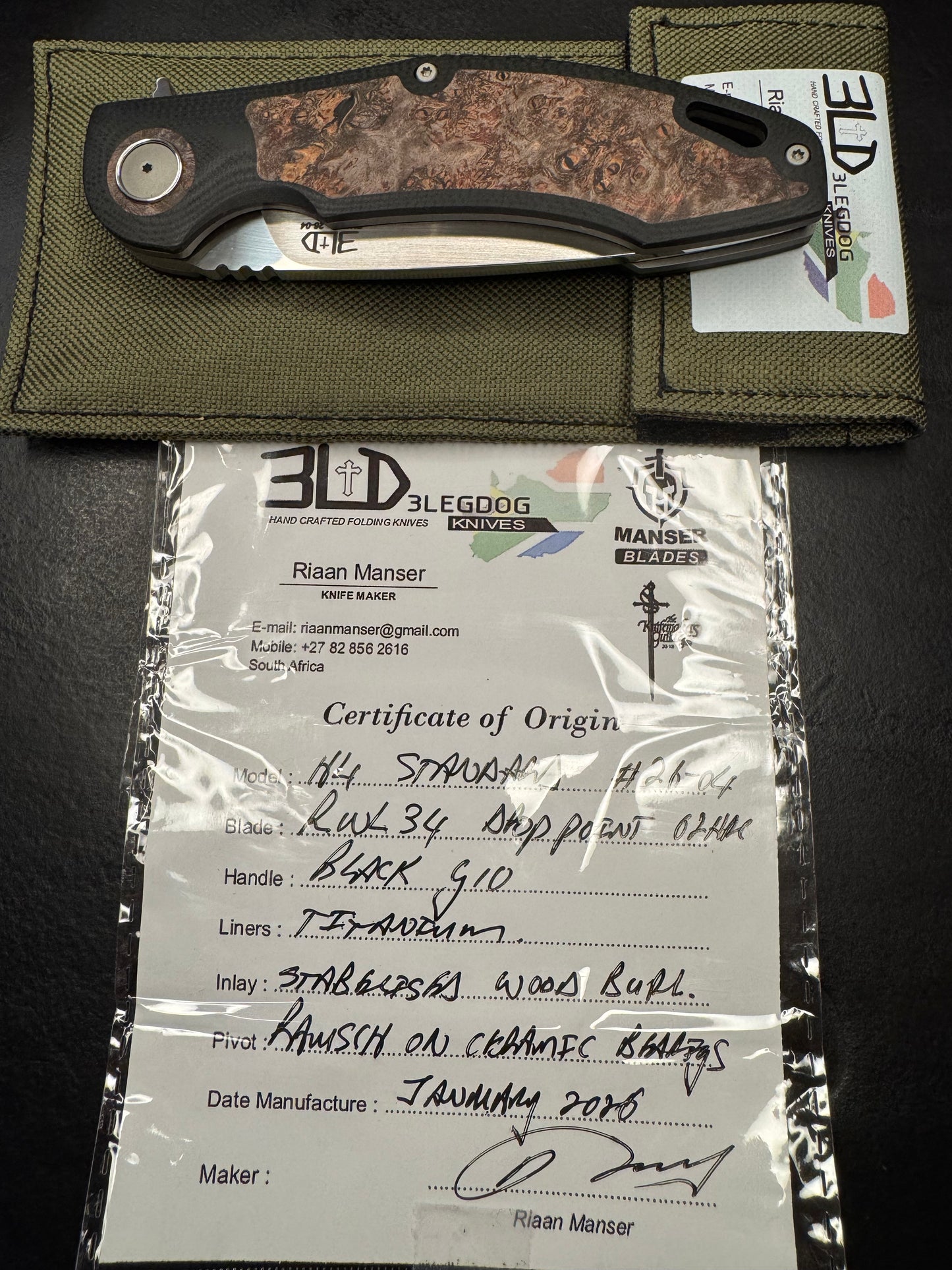3LD Model H4 Standard RWL 34 Blade with Stabilized Wood Burl and Black G10 (Riaan Manser)