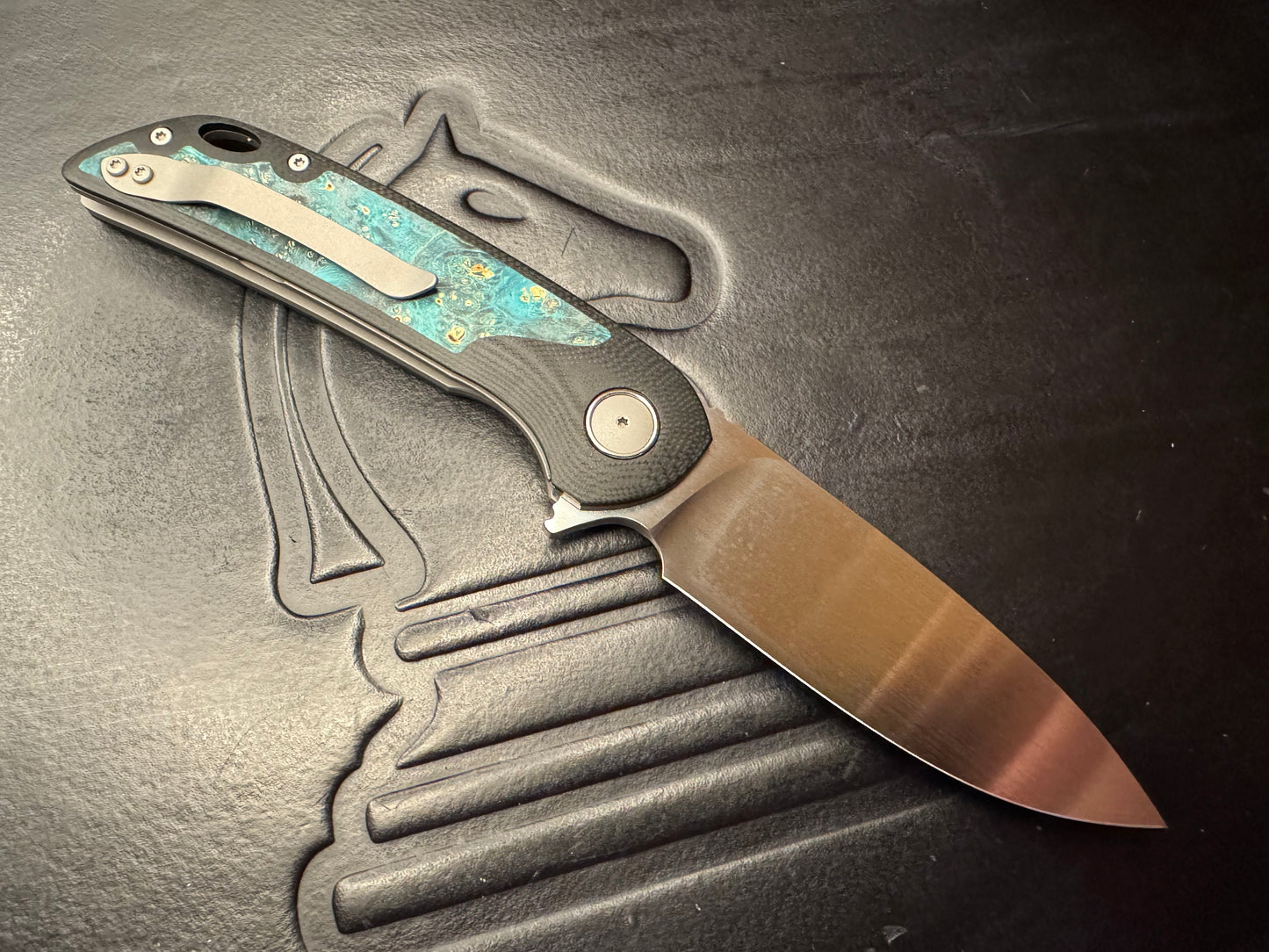 3LD Model W5 Standard RWL 34 Blade with Stabilized Blue Burl Inlay and Black G10 (Riaan Manser)