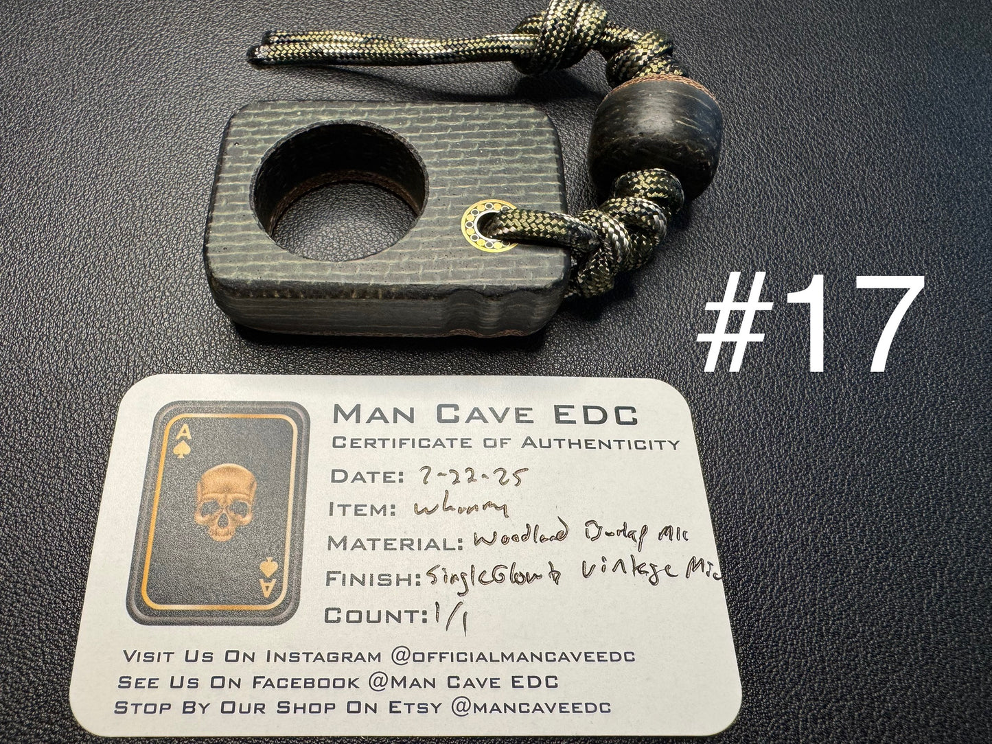 #17 Man Cave EDC Pocket Charm Woodland Burlap Micarta with Single Glow Vintage Micarta