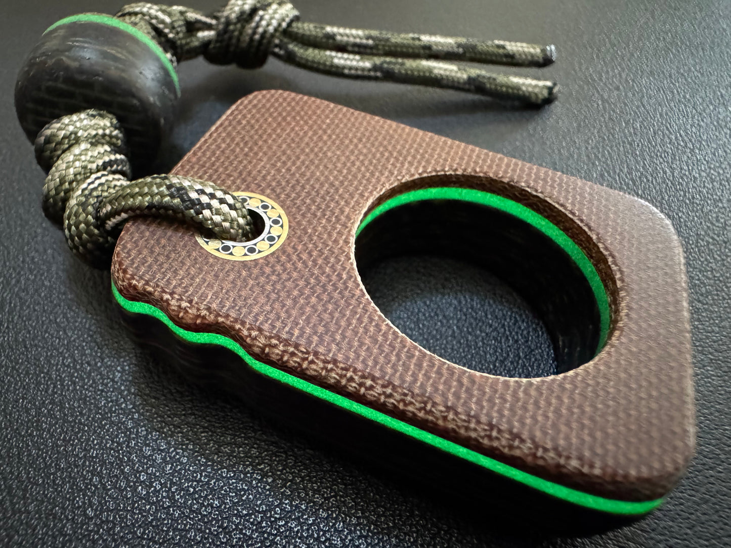 #17 Man Cave EDC Pocket Charm Woodland Burlap Micarta with Single Glow Vintage Micarta