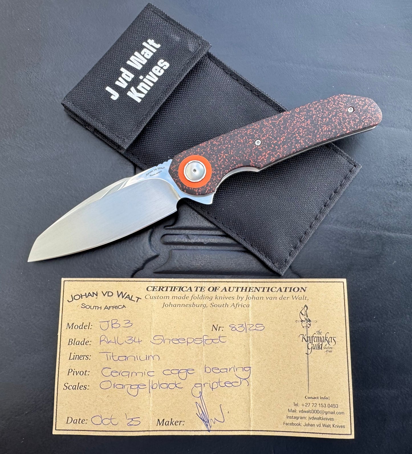 Johan Van Der Walt Model JB3 RWL 34 Blade with Orange Griptech Scales