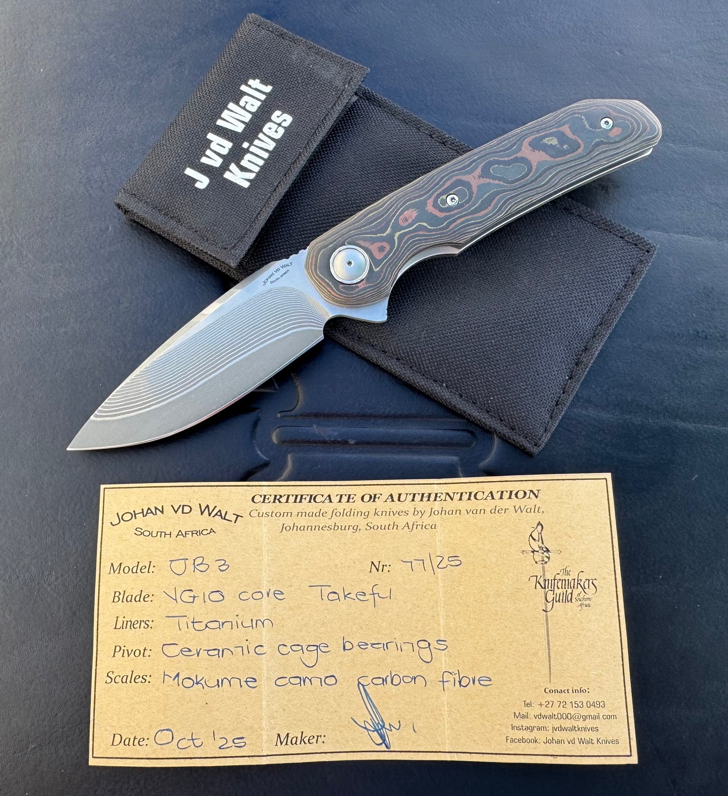 Johan Van Der Walt Custom Model JB3 Damascus with Mokume CamoCarbon Handles