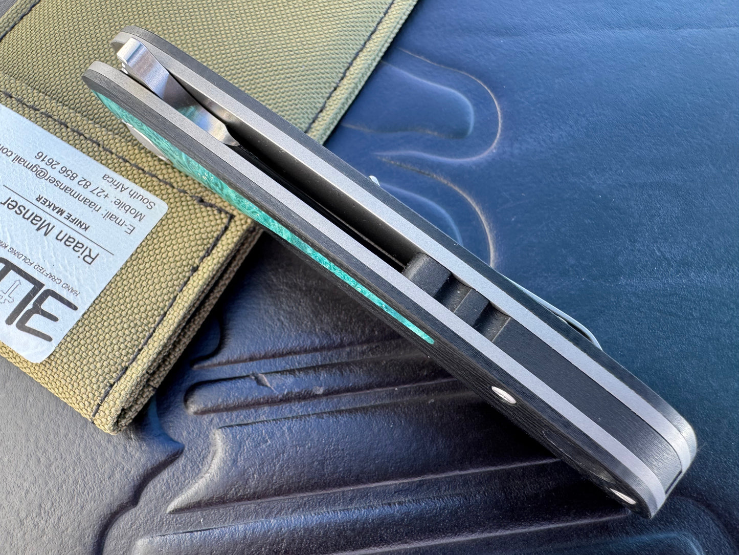 3LD Model W5 Standard Custom Knife RWL 34 Satin Blade with Blue Burl Wood Inlay