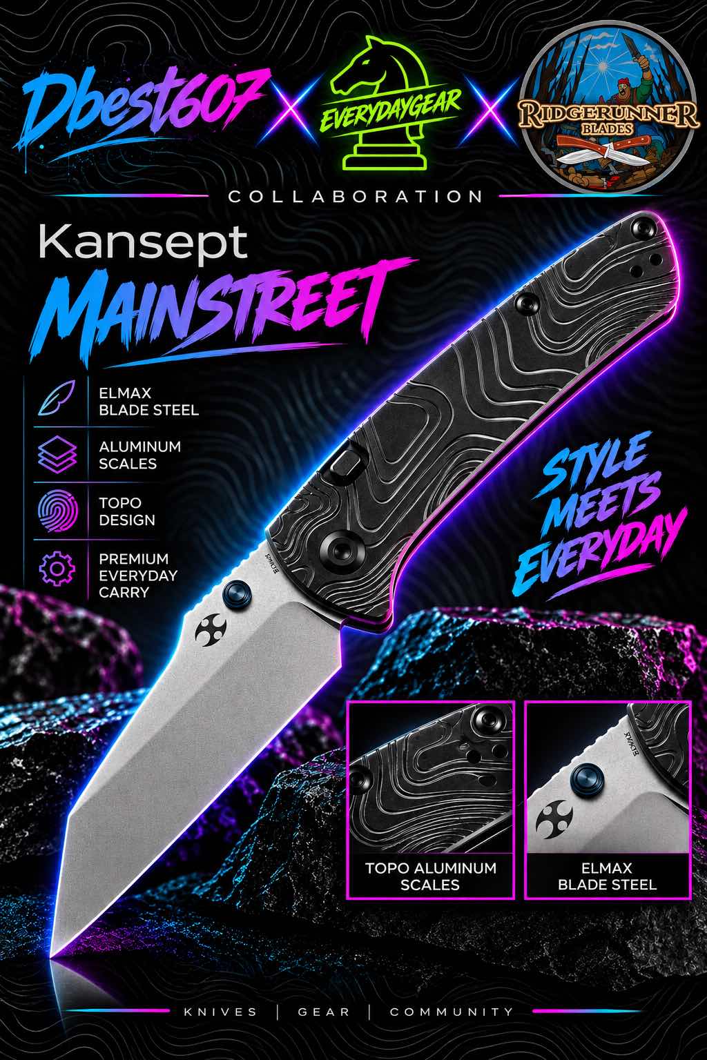 Kansept Main Street Exclusive - Elmax Blade with Topographic Milled Aluminum Handle
