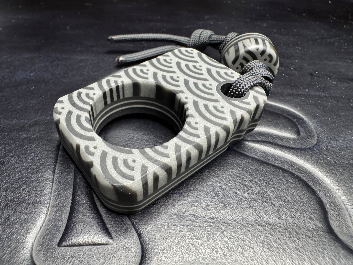 #54 Man Cave EDC Japanese Seigaiha Pattern Pocket Art with Covert Glow Layers Black G10 and Matching Bead