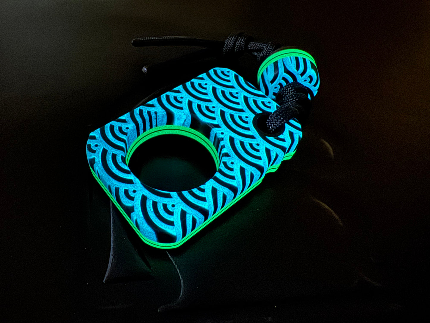 #54 Man Cave EDC Japanese Seigaiha Pattern Pocket Art with Covert Glow Layers Black G10 and Matching Bead