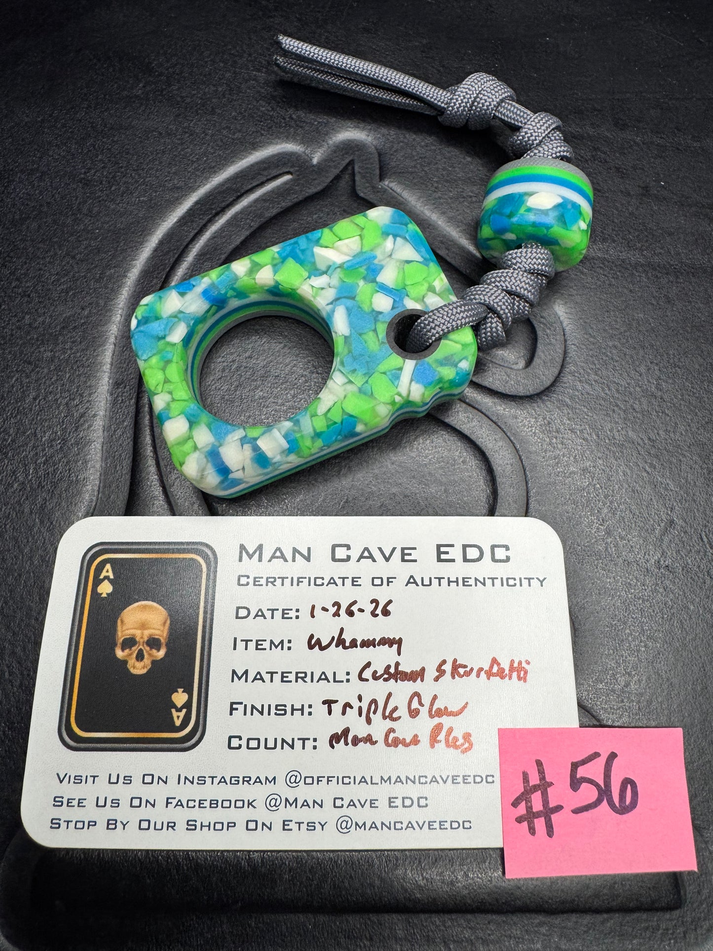 #56 Man Cave EDC Skurfetti Pocket Art with Triple Glow Layers Gray G10 and Matching Bead