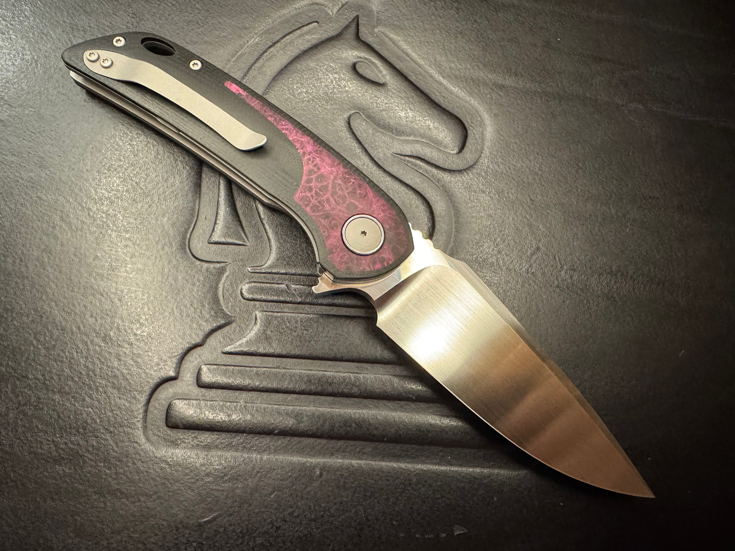 3LD Model W5 Standard RWL 34 Harpoon Blade with Stabilized Red Wood Burl and Black G10 (Riaan Manser)