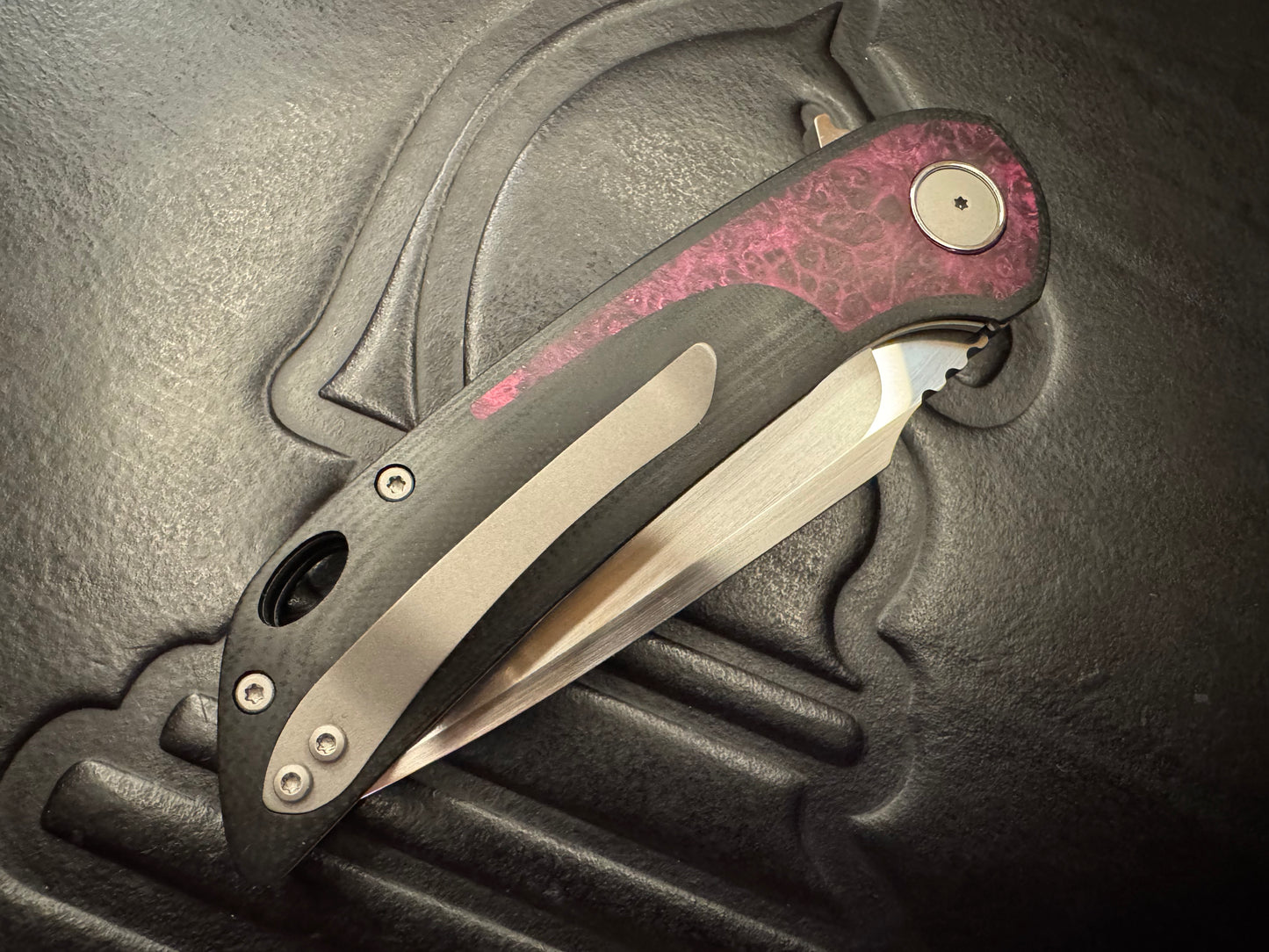 3LD Model W5 Standard RWL 34 Harpoon Blade with Stabilized Red Wood Burl and Black G10 (Riaan Manser)