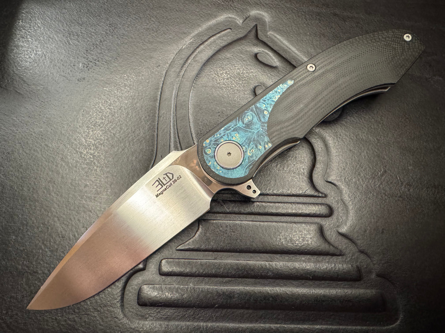 3LD Model G8 RWL 34 Harpoon Blade with Stabilized Blue Wood Burl and Black G10 (Riaan Manser)