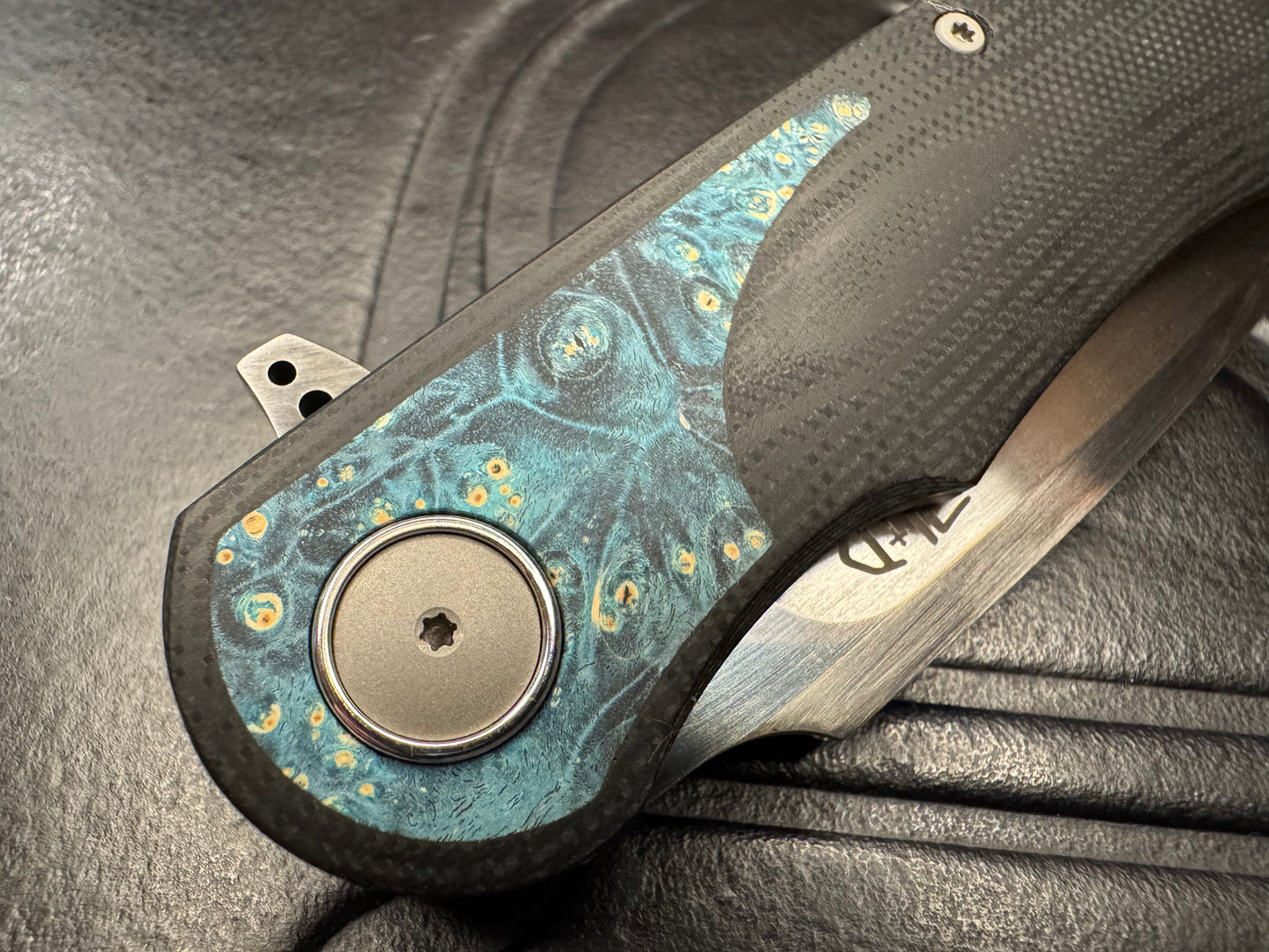 3LD Model G8 RWL 34 Harpoon Blade with Stabilized Blue Wood Burl and Black G10 (Riaan Manser)