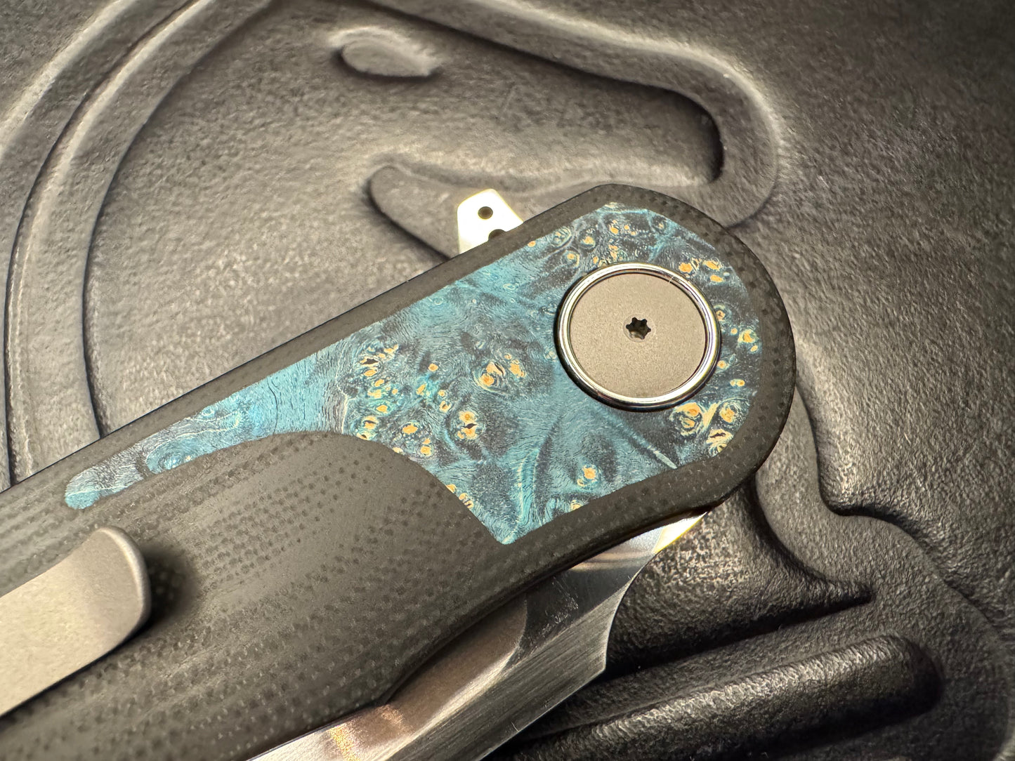 3LD Model G8 RWL 34 Harpoon Blade with Stabilized Blue Wood Burl and Black G10 (Riaan Manser)