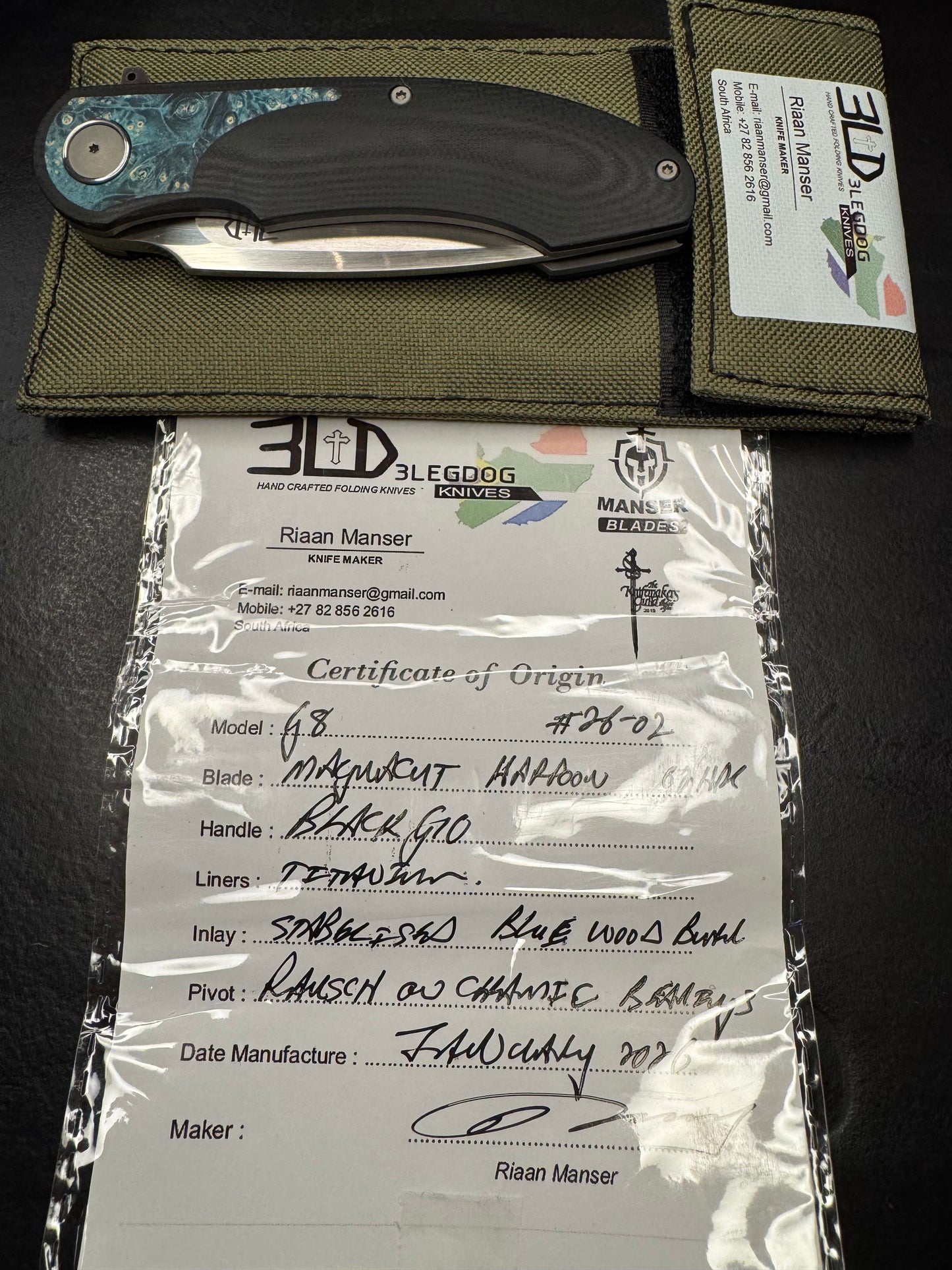 3LD Model G8 RWL 34 Harpoon Blade with Stabilized Blue Wood Burl and Black G10 (Riaan Manser)