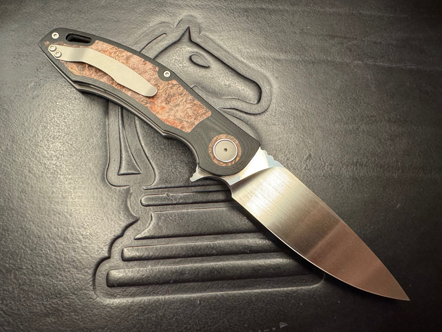 3LD Model H4 Standard RWL 34 Blade with Stabilized Wood Burl and Black G10 (Riaan Manser)
