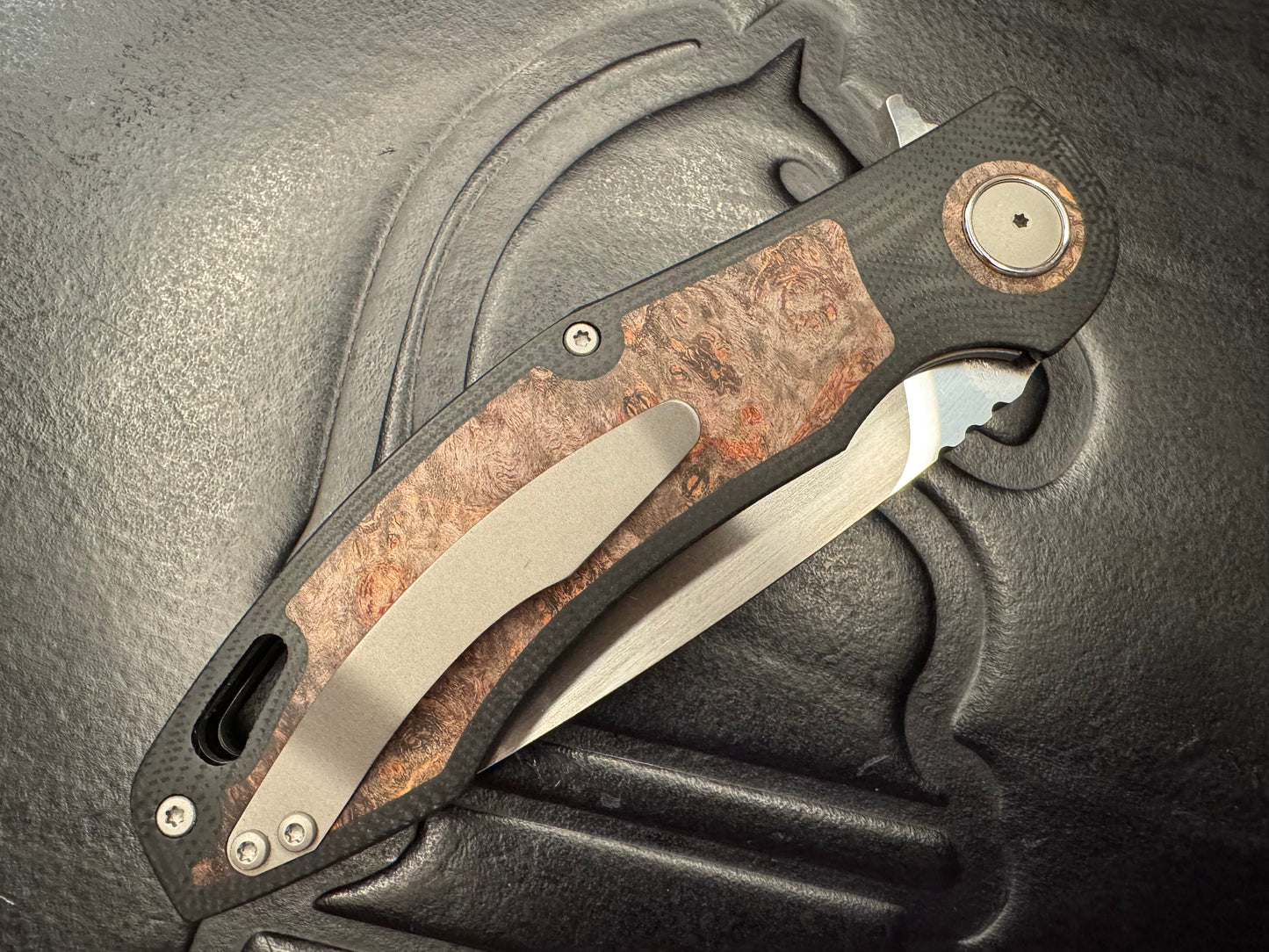3LD Model H4 Standard RWL 34 Blade with Stabilized Wood Burl and Black G10 (Riaan Manser)