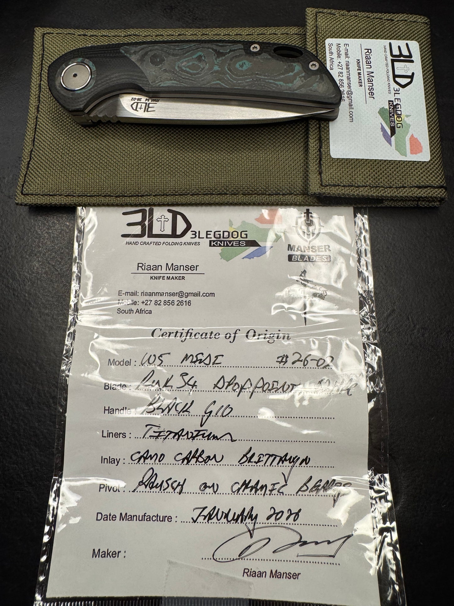 3LD Model W5 Midi RWL 34 Blade with Brittany Blue CamoCarbon and Black G10 (Riaan Manser)