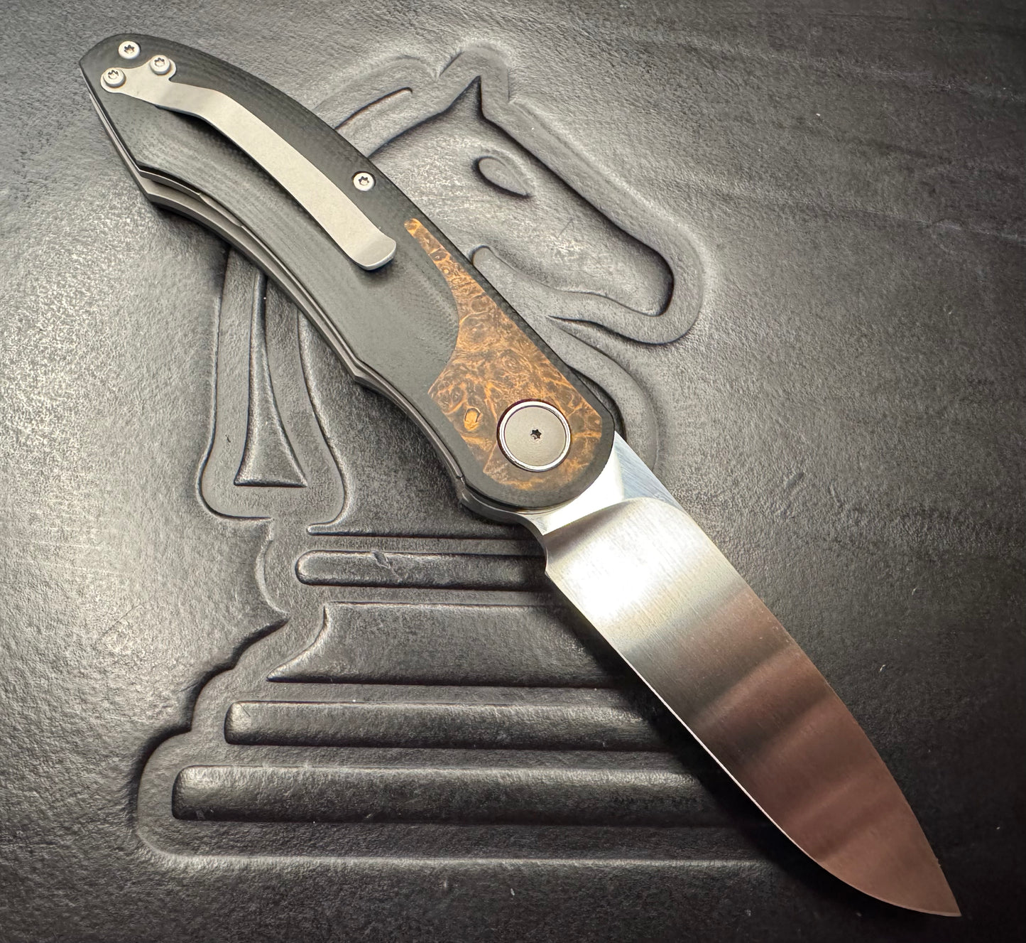 3LD Model G8 Front Flipper RWL 34 Blade with Stabilized Wood Burl and Black G10 (Riaan Manser)