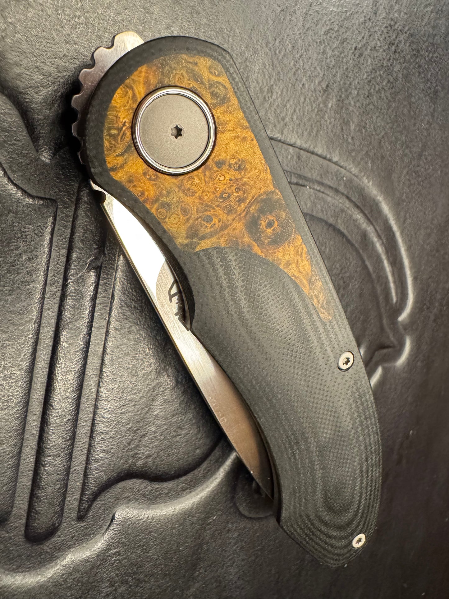 3LD Model G8 Front Flipper RWL 34 Blade with Stabilized Wood Burl and Black G10 (Riaan Manser)
