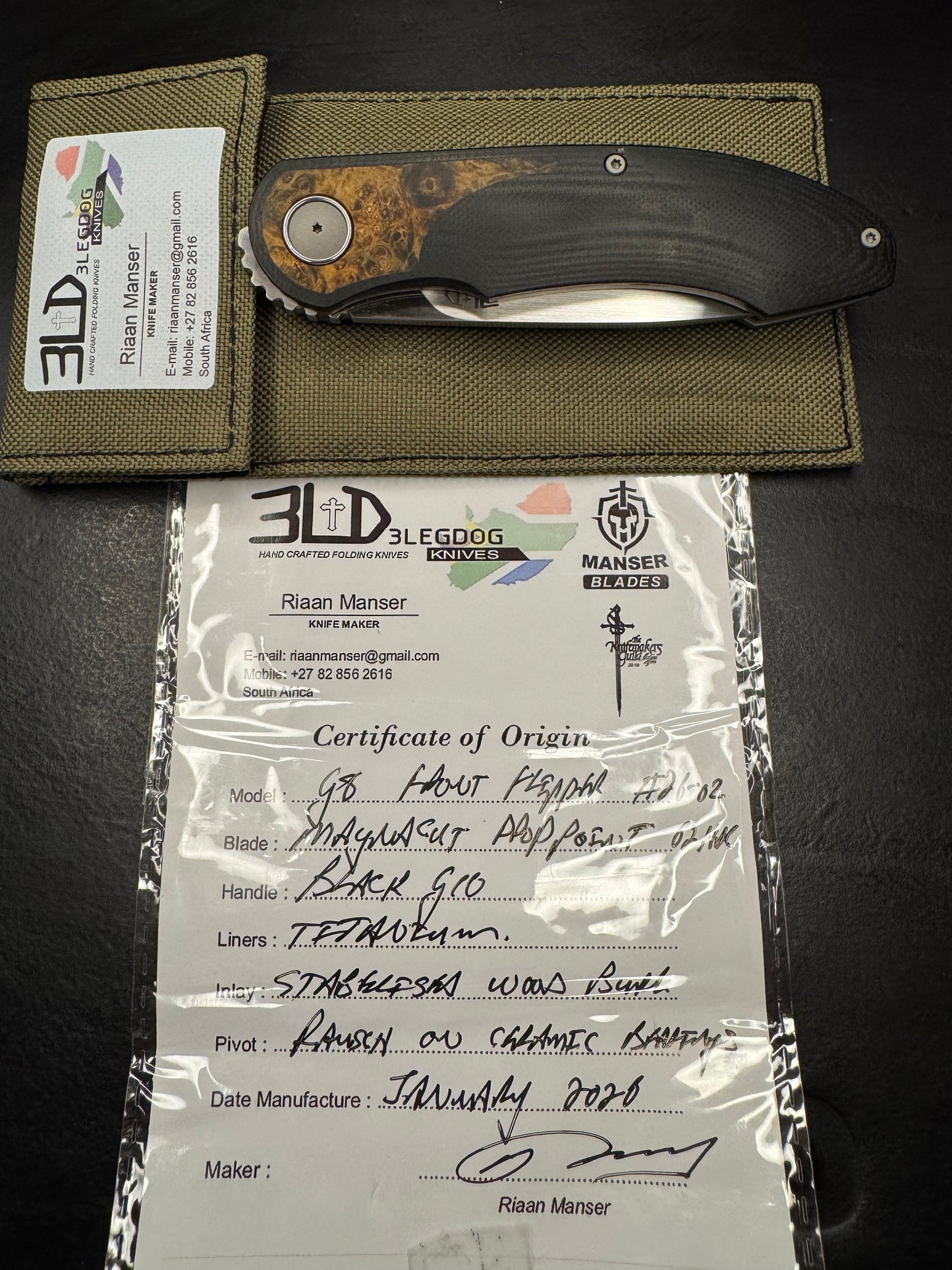 3LD Model G8 Front Flipper RWL 34 Blade with Stabilized Wood Burl and Black G10 (Riaan Manser)