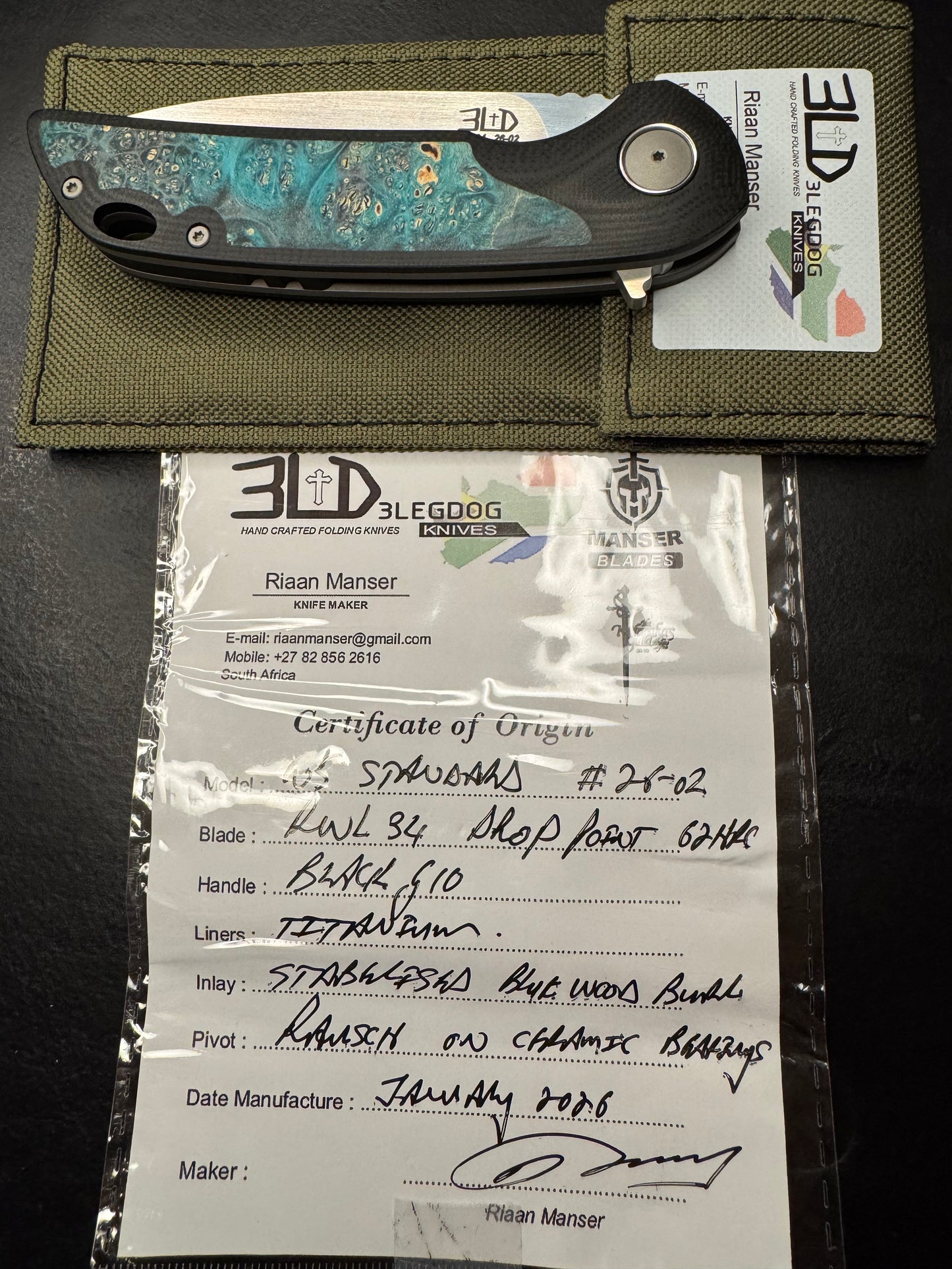 3LD Model W5 Standard RWL 34 Blade with Stabilized Blue Burl Inlay and Black G10 (Riaan Manser)