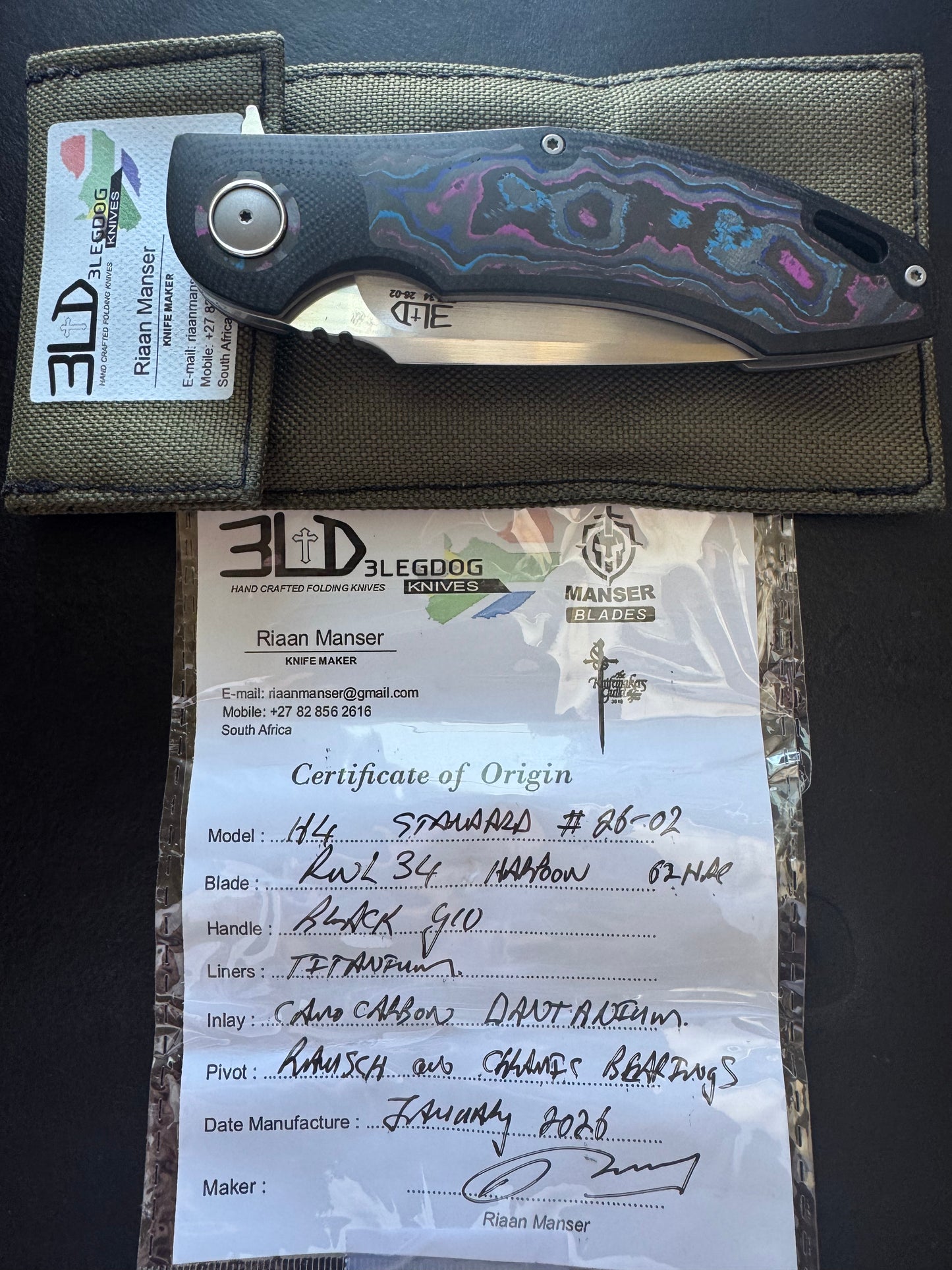 3LD Model H4 Standard RWL 34 Blade with Damtanium CamoCarbon and Black G10 (Riaan Manser)