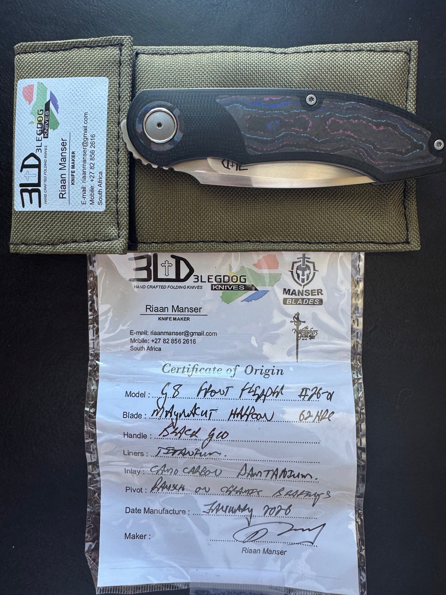 3LD Model G8 Front Flipper RWL 34 Blade with Damtanium CamoCarbon and Black G10 (Riaan Manser)