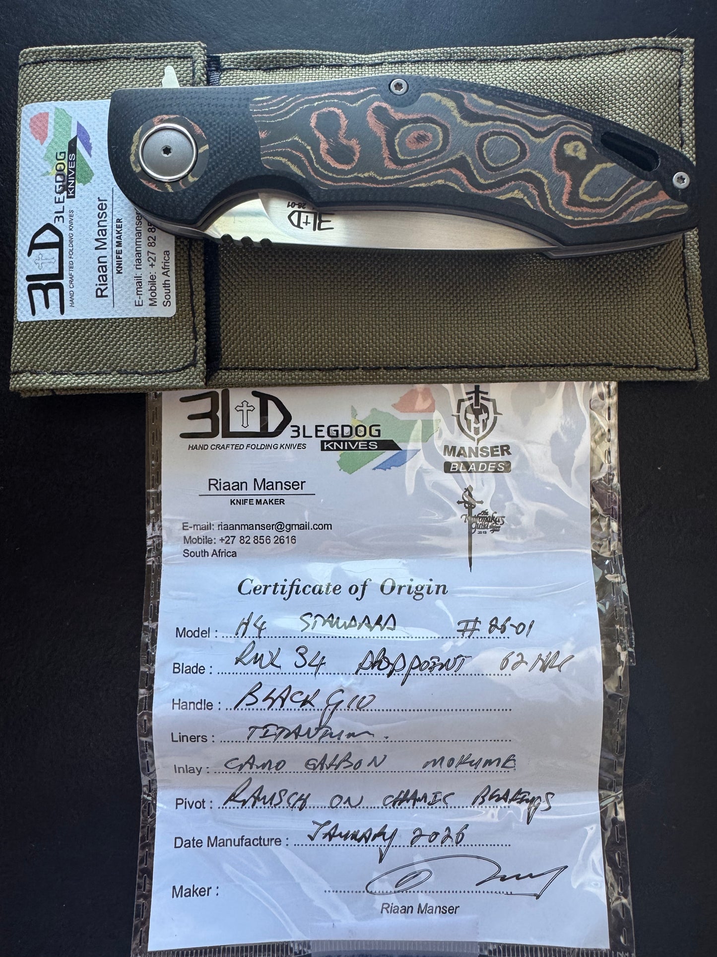 3LD Model H4 Standard RWL 34 Blade with Mokume CamoCarbon and Black G10 (Riaan Manser)