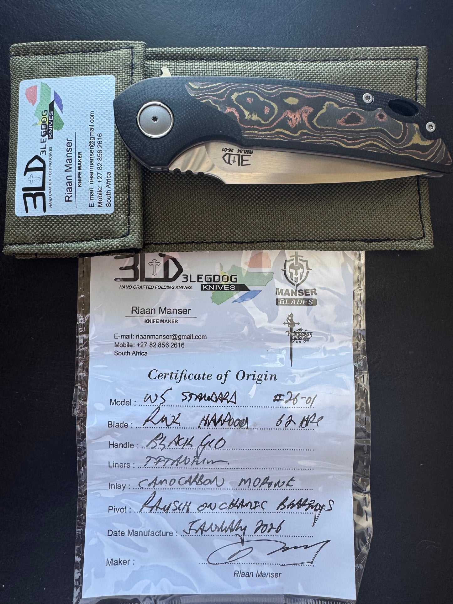 3LD Model W5 Standard RWL 34 Blade with Mokume CamoCarbon and Black G10 (Riaan Manser)