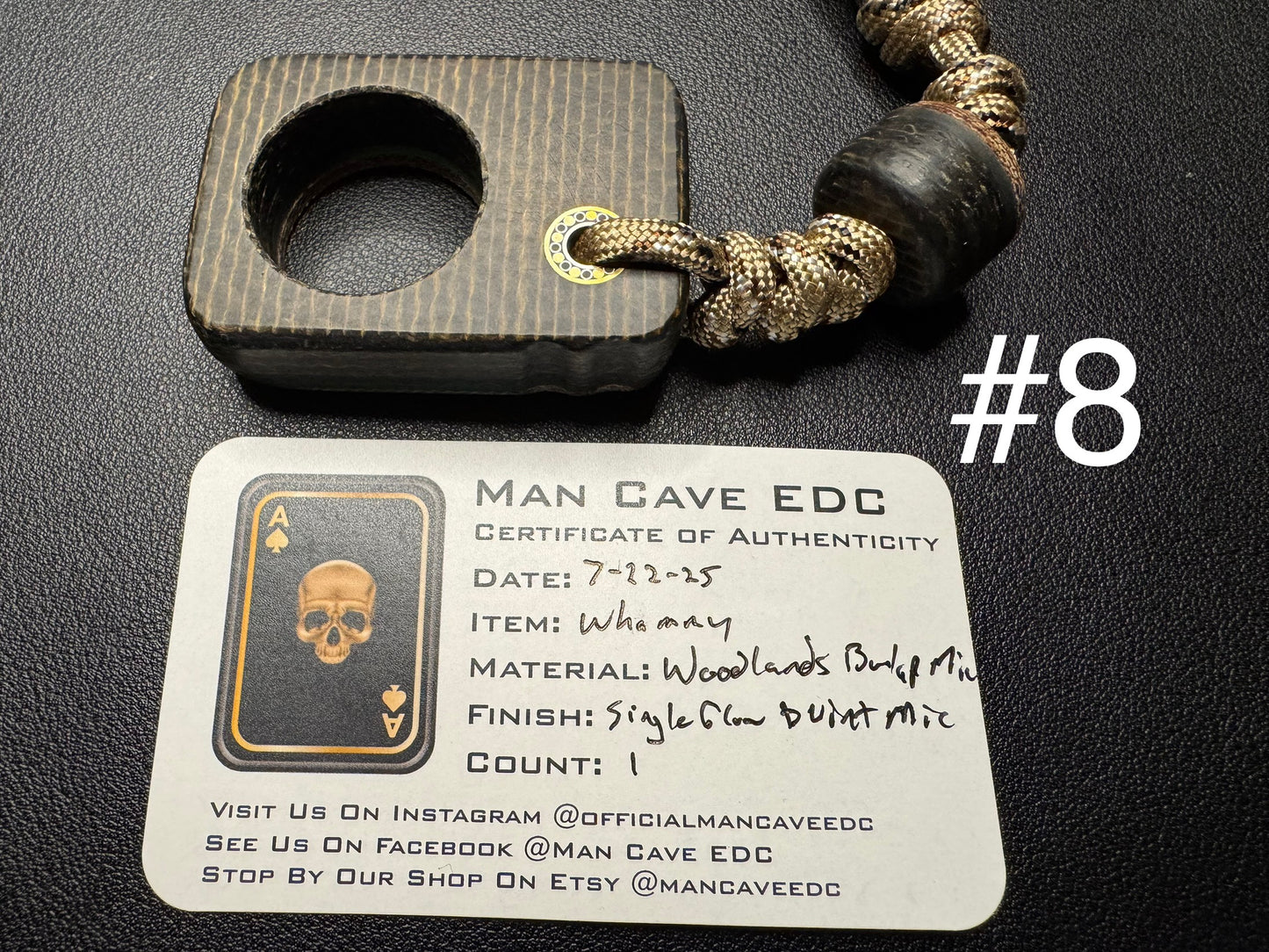 #8 Man Cave EDC Pocket Charm Woodlands Burlap Micarta with Glow Layer