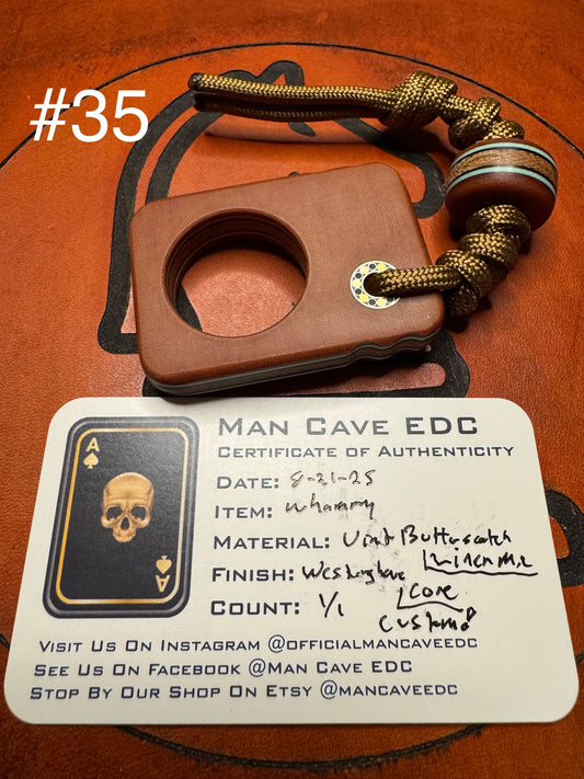#35 Man Cave EDC Pocket Charm with Vintage Butterscotch Linen Micarta and a Vintage Westinghouse Micarta Core with Tiffany Blue Liners