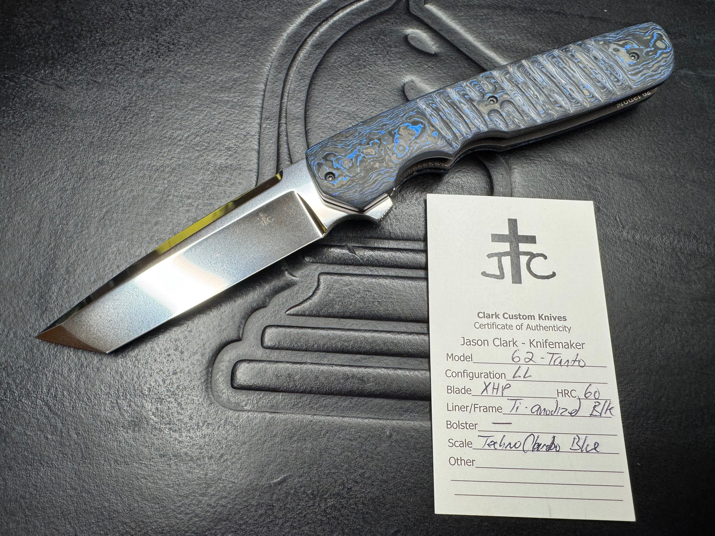 Clark Custom Model 62 Tanto XHP Near Mirror Tanto Blade with Blue Techno Carbon Handle