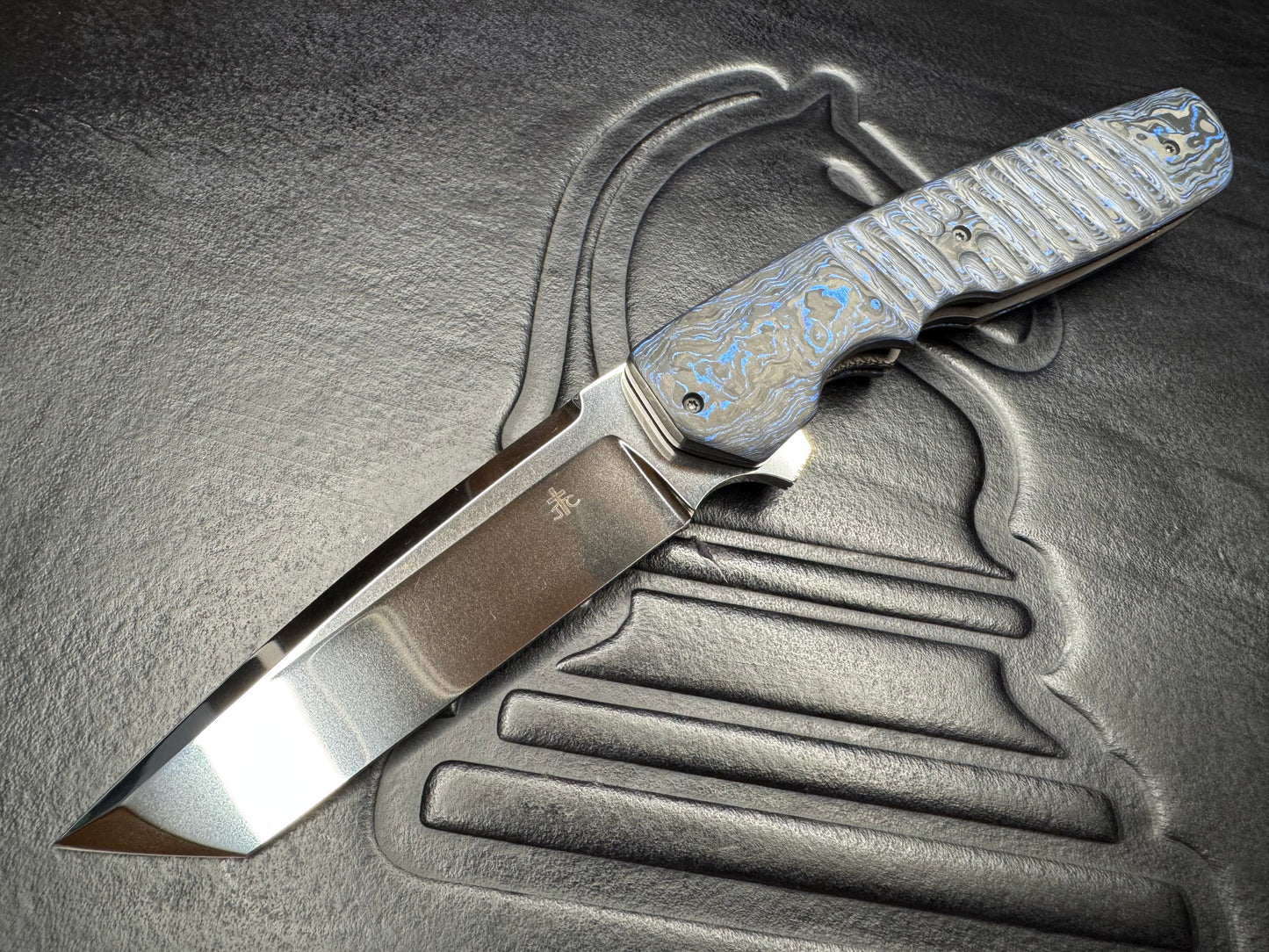 Clark Custom Model 62 Tanto XHP Near Mirror Tanto Blade with Blue Techno Carbon Handle