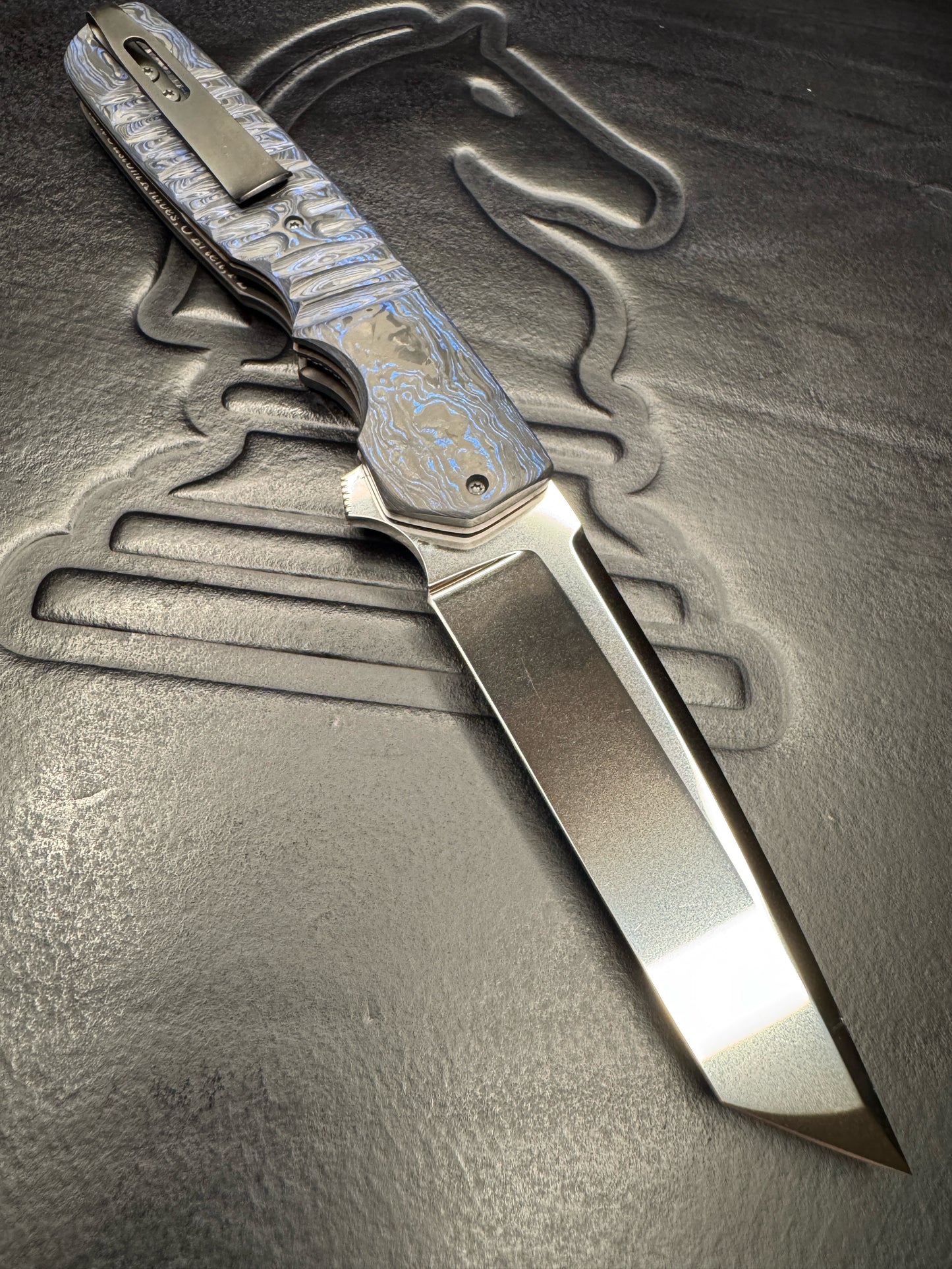 Clark Custom Model 62 Tanto XHP Near Mirror Tanto Blade with Blue Techno Carbon Handle