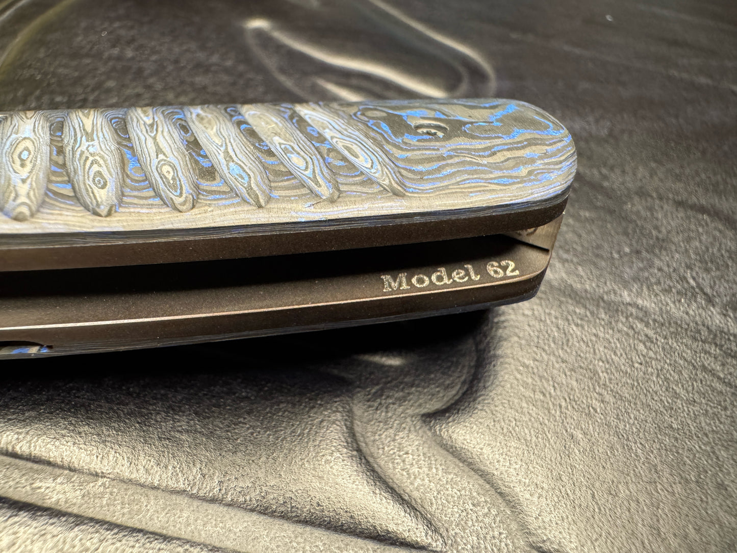 Clark Custom Model 62 Tanto XHP Near Mirror Tanto Blade with Blue Techno Carbon Handle