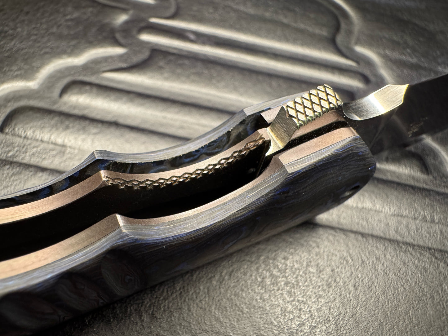 Clark Custom Model 62 Tanto XHP Near Mirror Tanto Blade with Blue Techno Carbon Handle