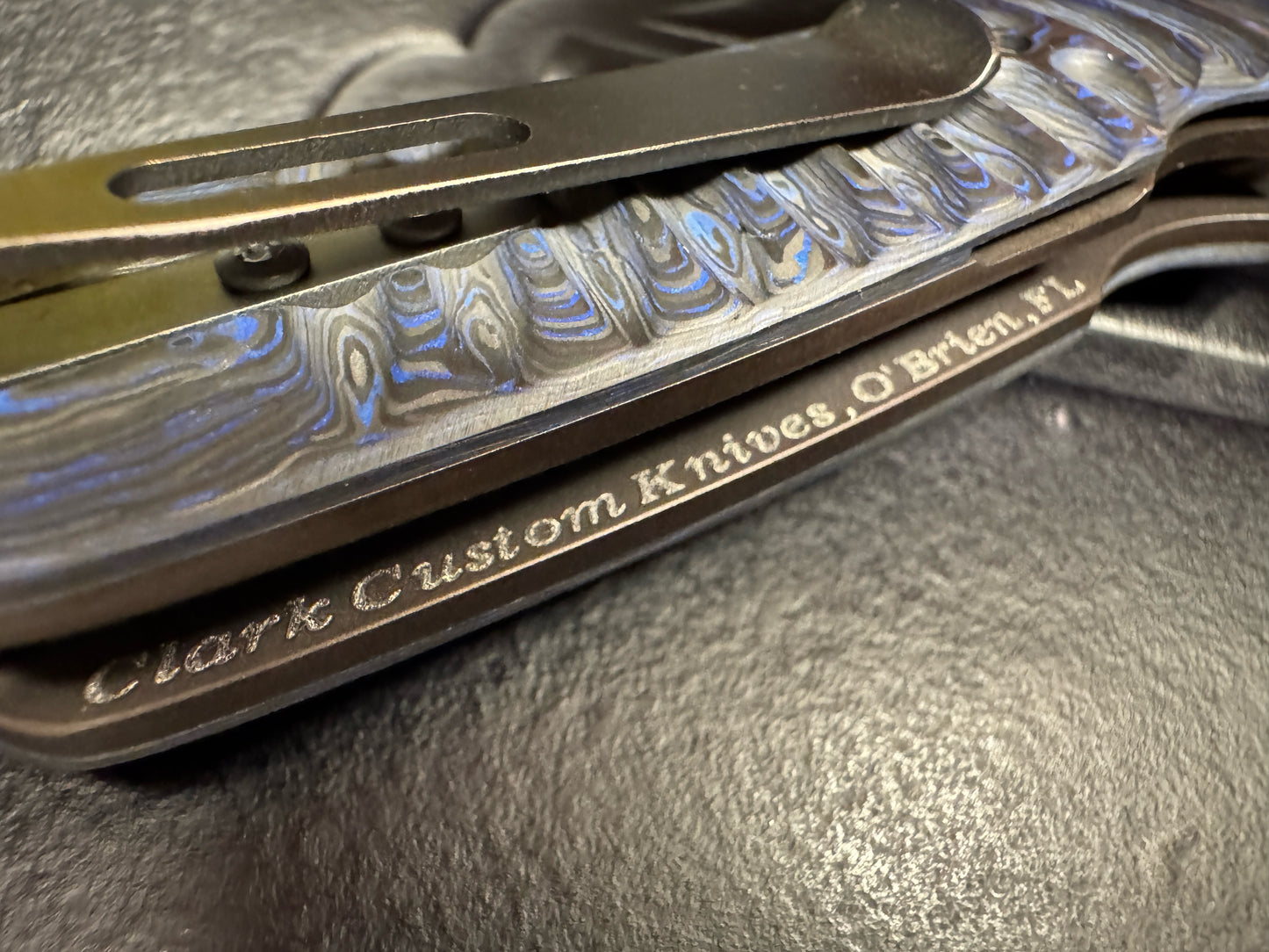 Clark Custom Model 62 Tanto XHP Near Mirror Tanto Blade with Blue Techno Carbon Handle