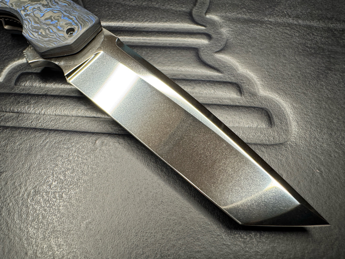 Clark Custom Model 62 Tanto XHP Near Mirror Tanto Blade with Blue Techno Carbon Handle