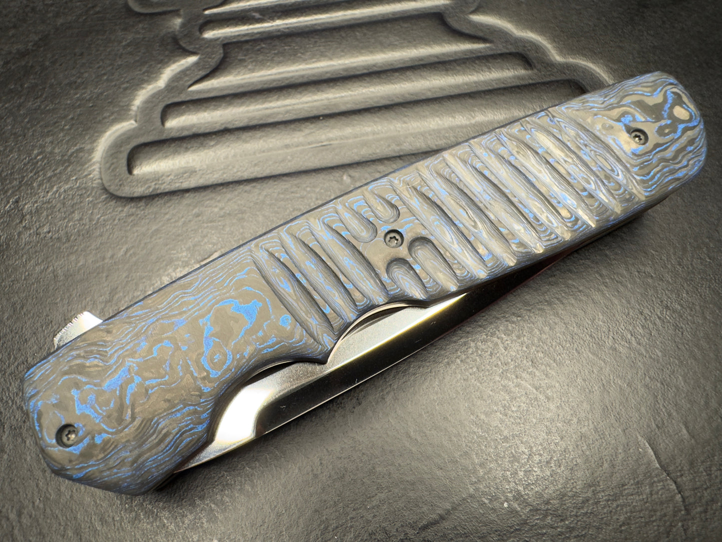 Clark Custom Model 62 Tanto XHP Near Mirror Tanto Blade with Blue Techno Carbon Handle