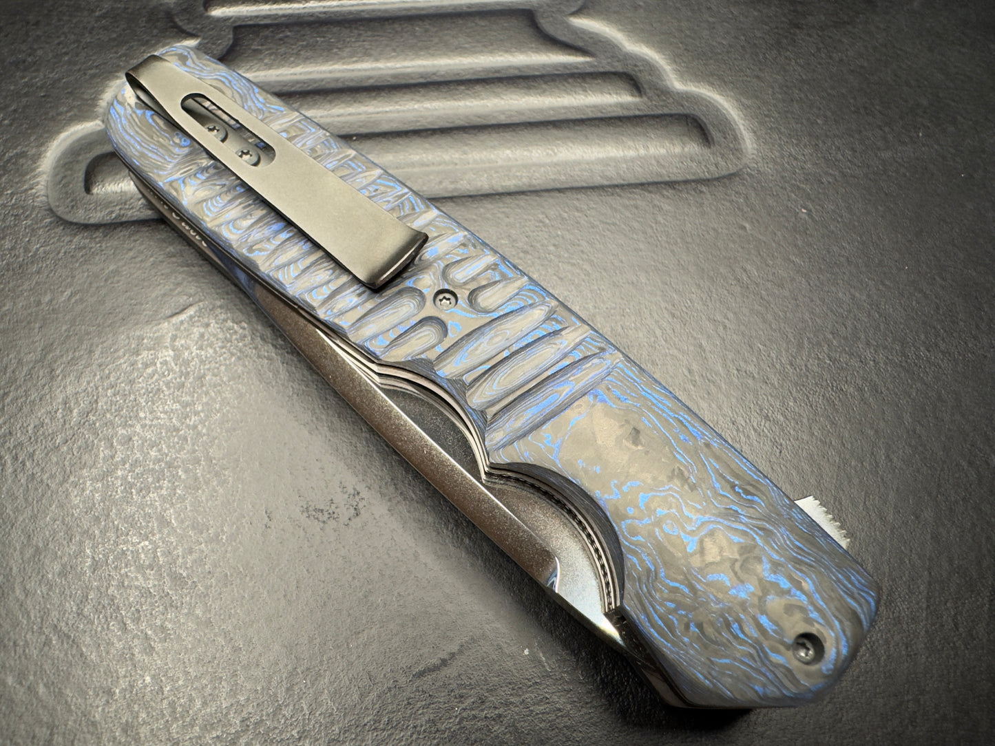 Clark Custom Model 62 Tanto XHP Near Mirror Tanto Blade with Blue Techno Carbon Handle