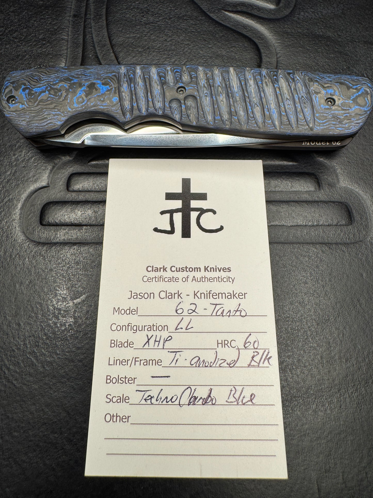 Clark Custom Model 62 Tanto XHP Near Mirror Tanto Blade with Blue Techno Carbon Handle