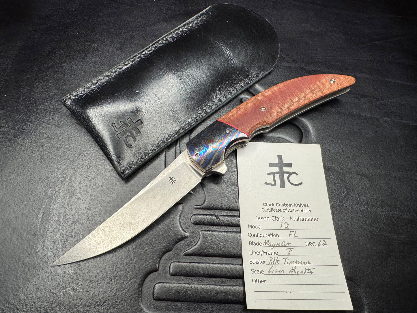 Clark Custom Model 12 Magnacut Blade with Black Timascus Bolster and Linen Micarta Handle