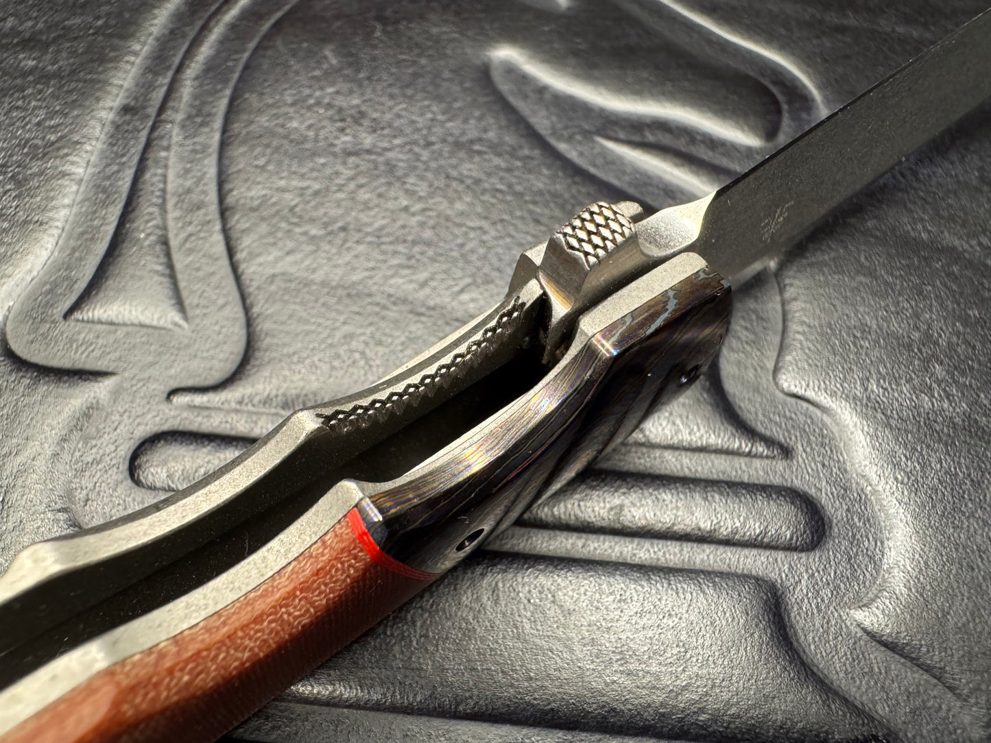 Clark Custom Model 12 Magnacut Blade with Black Timascus Bolster and Linen Micarta Handle