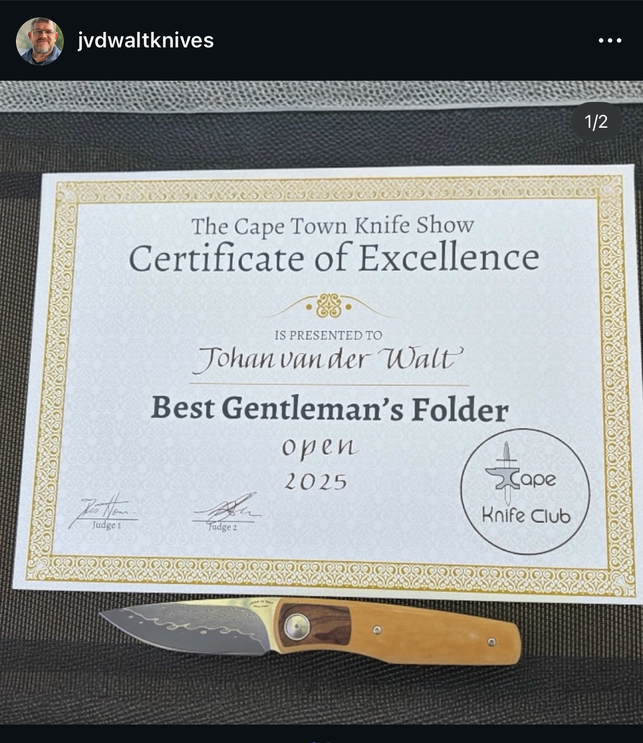 Johan Van Der Walt Model JB4 Damascus with Westinghouse Micarta and Tambotie Wood Inlay