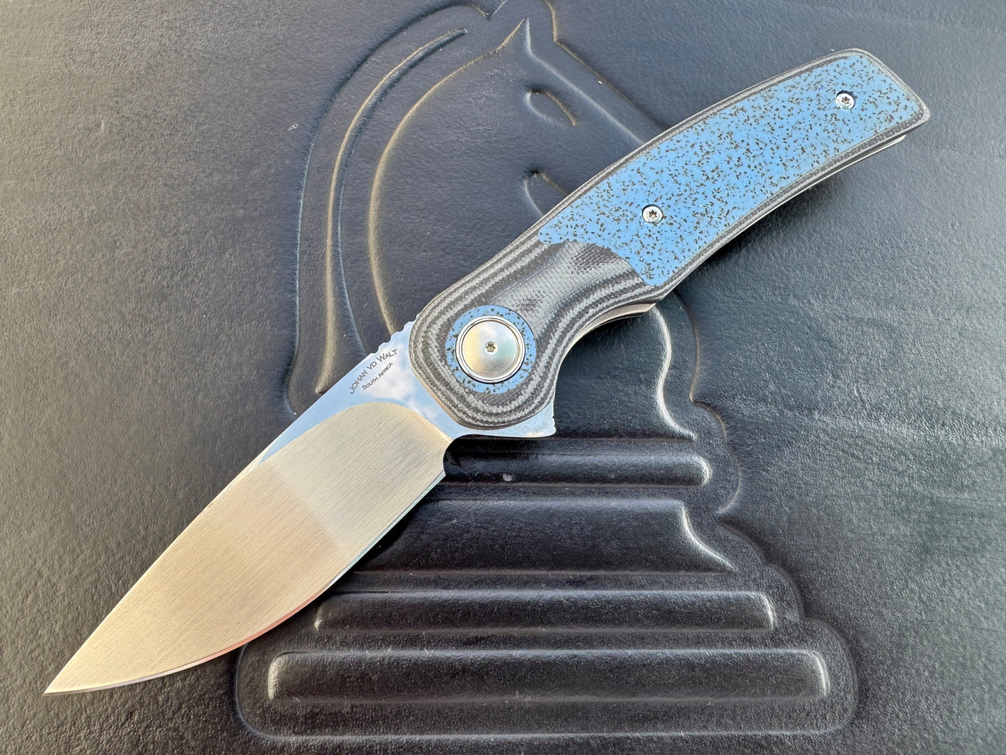 Johan Van Der Walt Model JB1 RWL 34 Blade with Black G10 and Blue Griptech Handle
