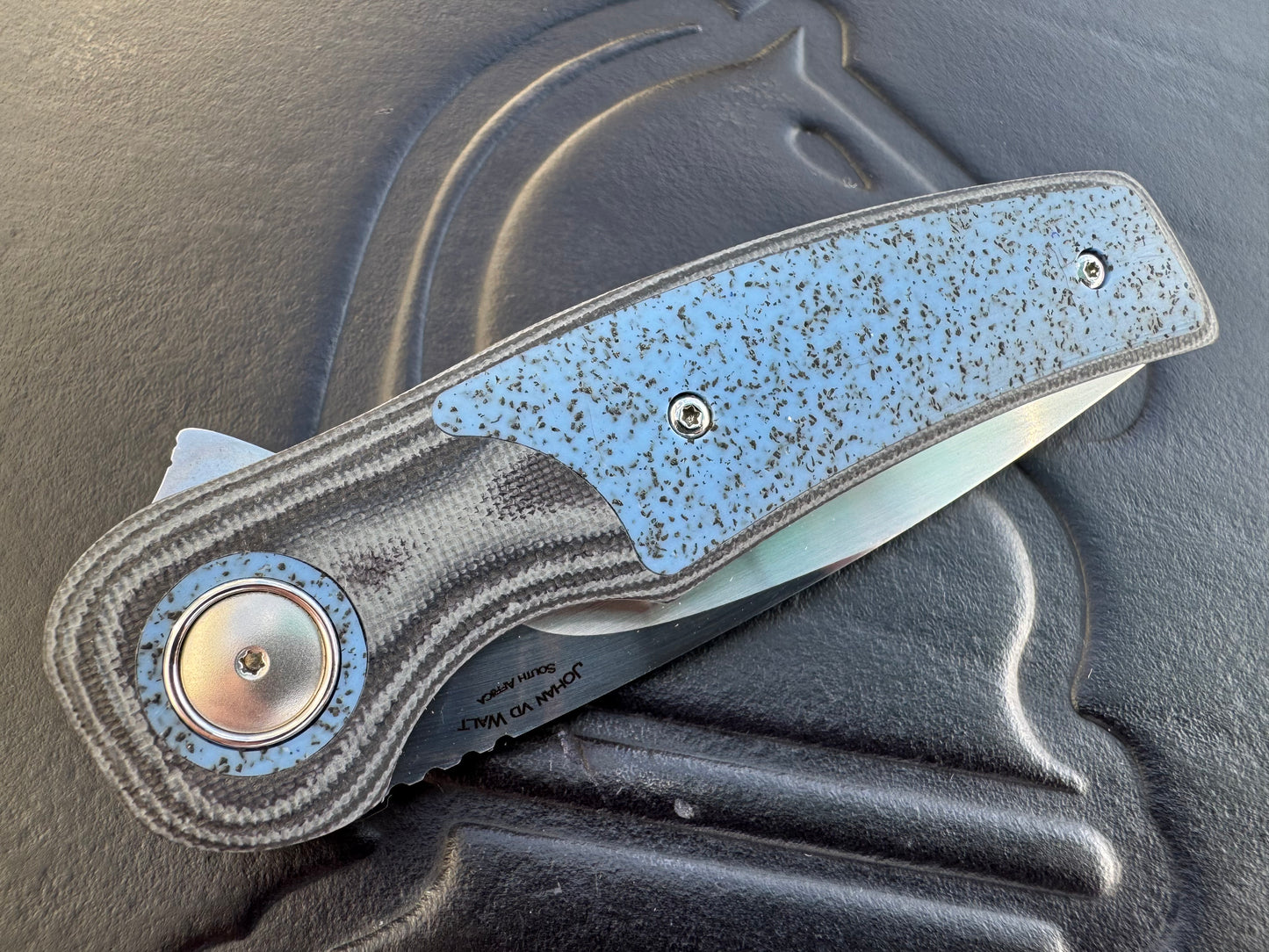 Johan Van Der Walt Model JB1 RWL 34 Blade with Black G10 and Blue Griptech Handle