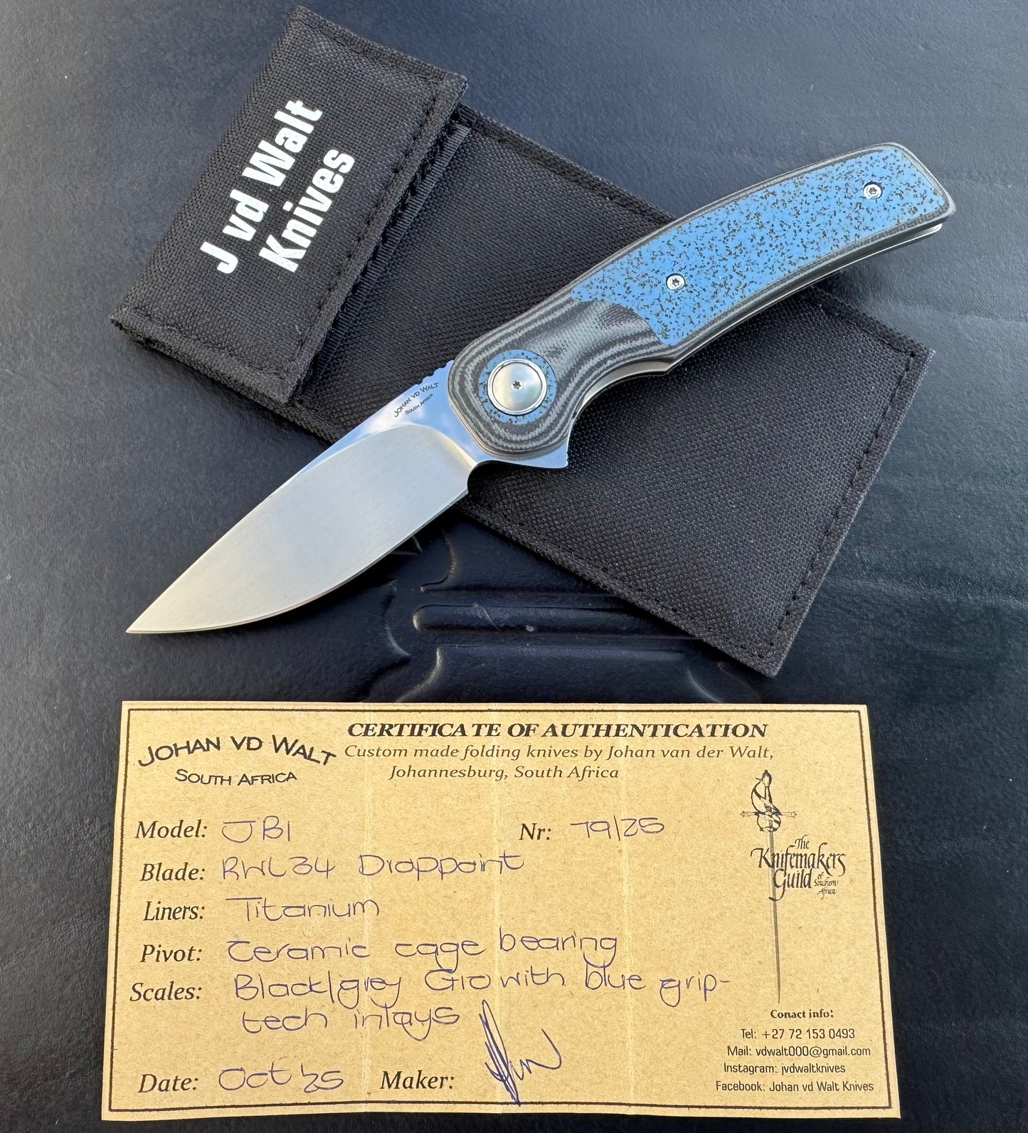 Johan Van Der Walt Model JB1 RWL 34 Blade with Black G10 and Blue Griptech Handle