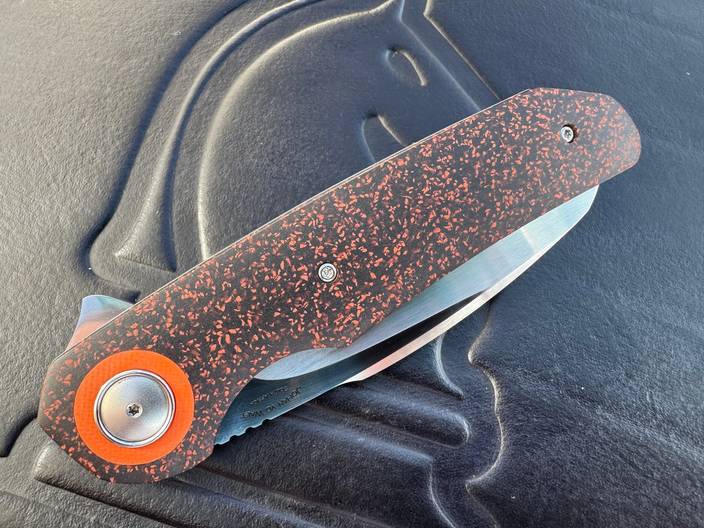 Johan Van Der Walt Model JB3 RWL 34 Blade with Orange Griptech Scales