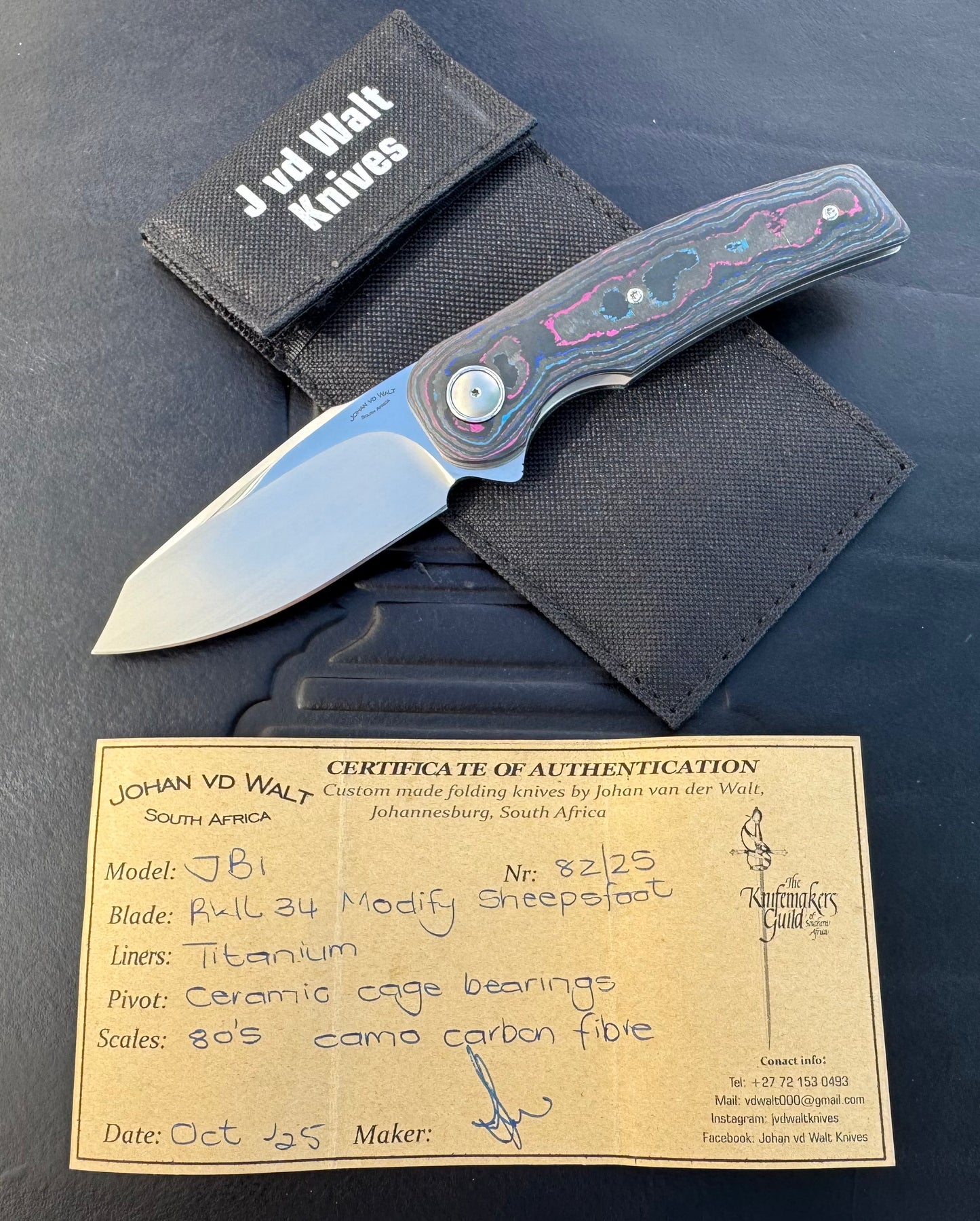 Johan Van Der Walt Model JB1 RWL 34 Blade with Damtanium CamoCarbon Handles
