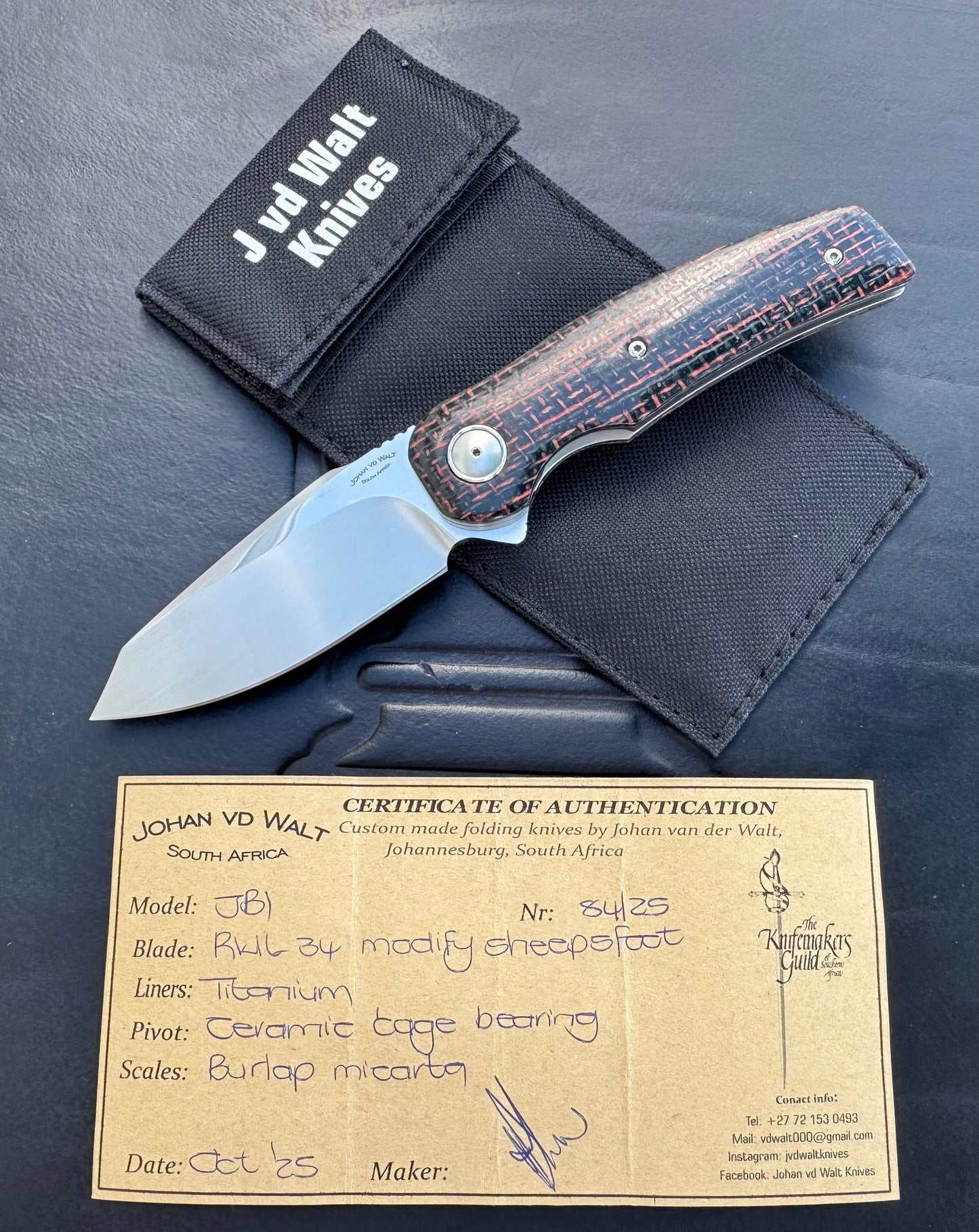 Johan Van Der Walt Model JB1 RWL 34 Blade with Burlap Micarta Handle
